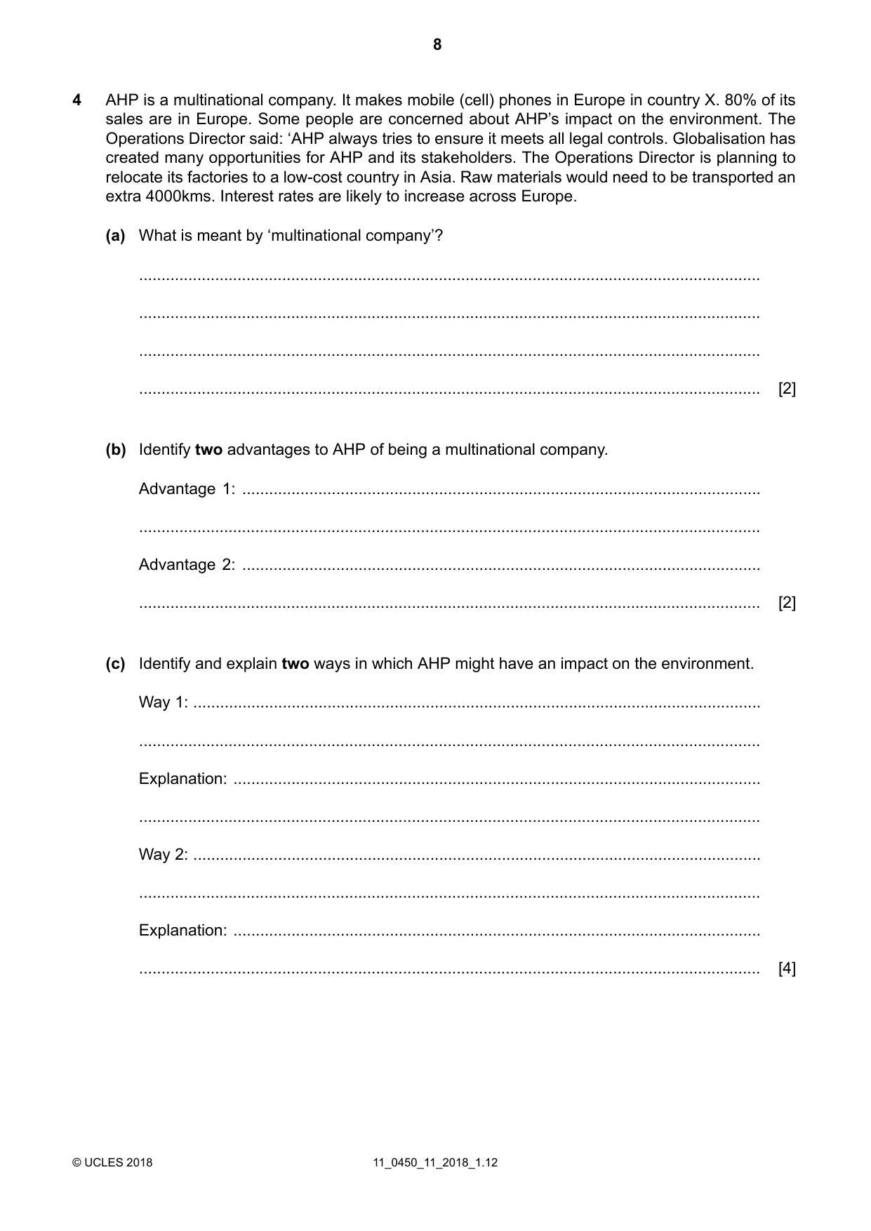 Cambridge IGCSE Business Studies 0450 2018 Oct/Nov Paper 1 · Variant 1 question paper, page 8 of 12
