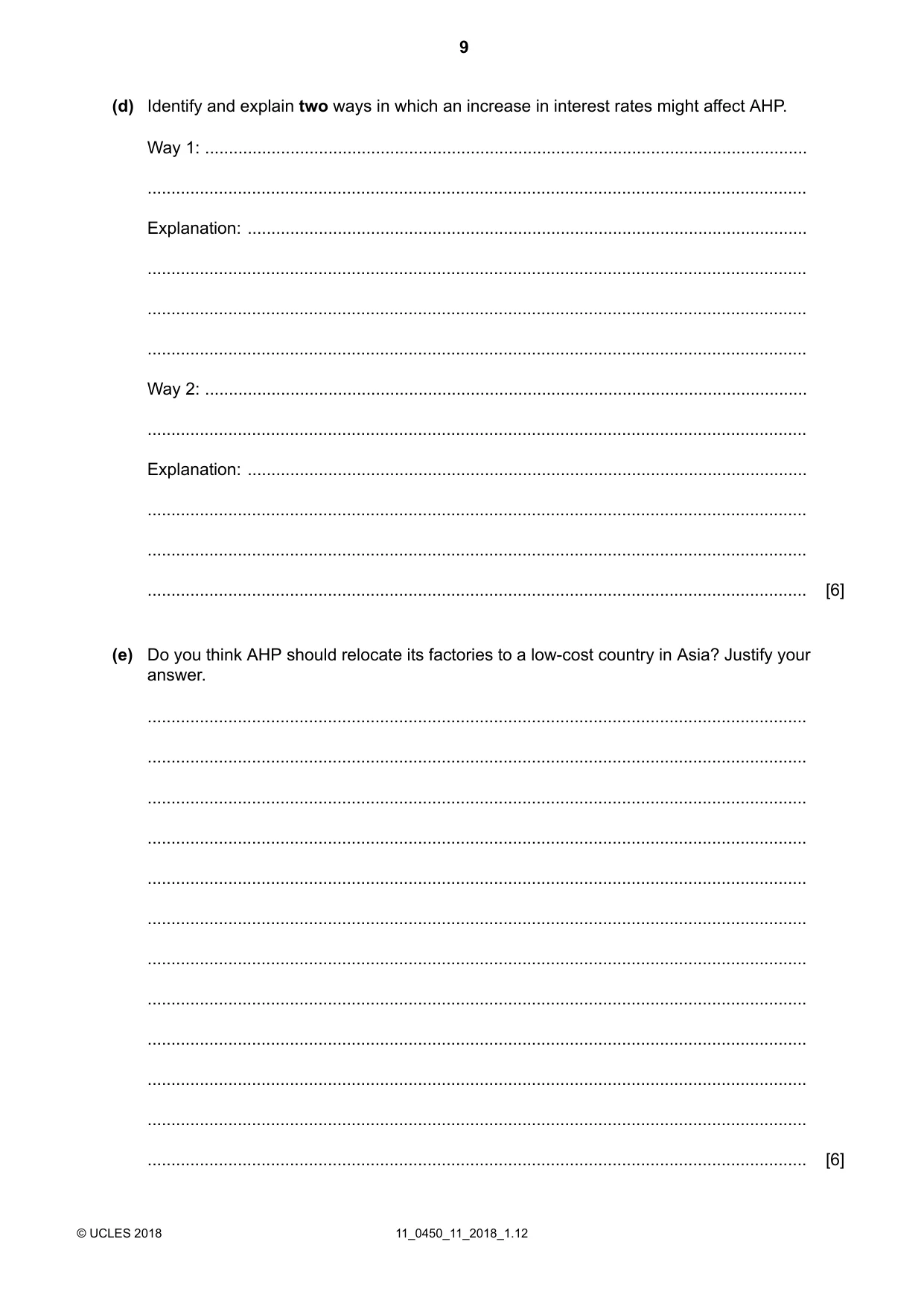 Cambridge IGCSE Business Studies 0450 2018 Oct/Nov Paper 1 · Variant 1 question paper, page 9 of 12