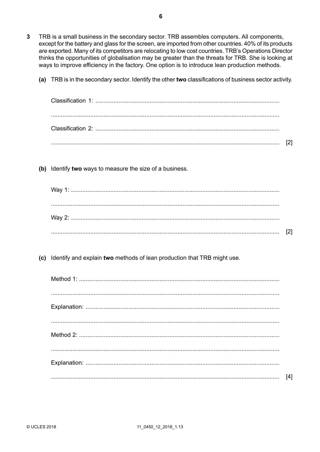 Cambridge IGCSE Business Studies 0450 2018 Oct/Nov Paper 1 · Variant 2 question paper, page 6 of 12