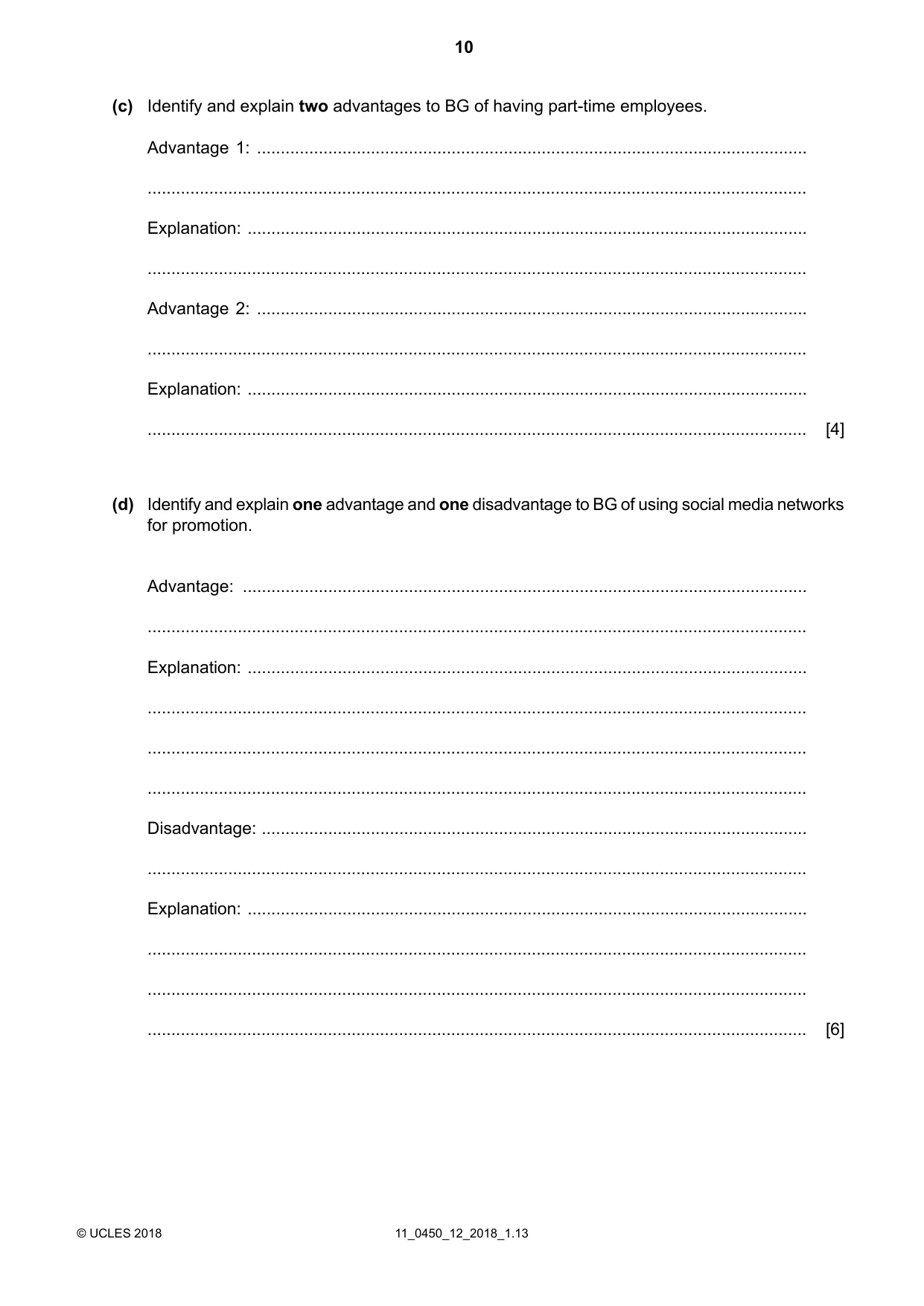 Cambridge IGCSE Business Studies 0450 2018 Oct/Nov Paper 1 · Variant 2 question paper, page 10 of 12