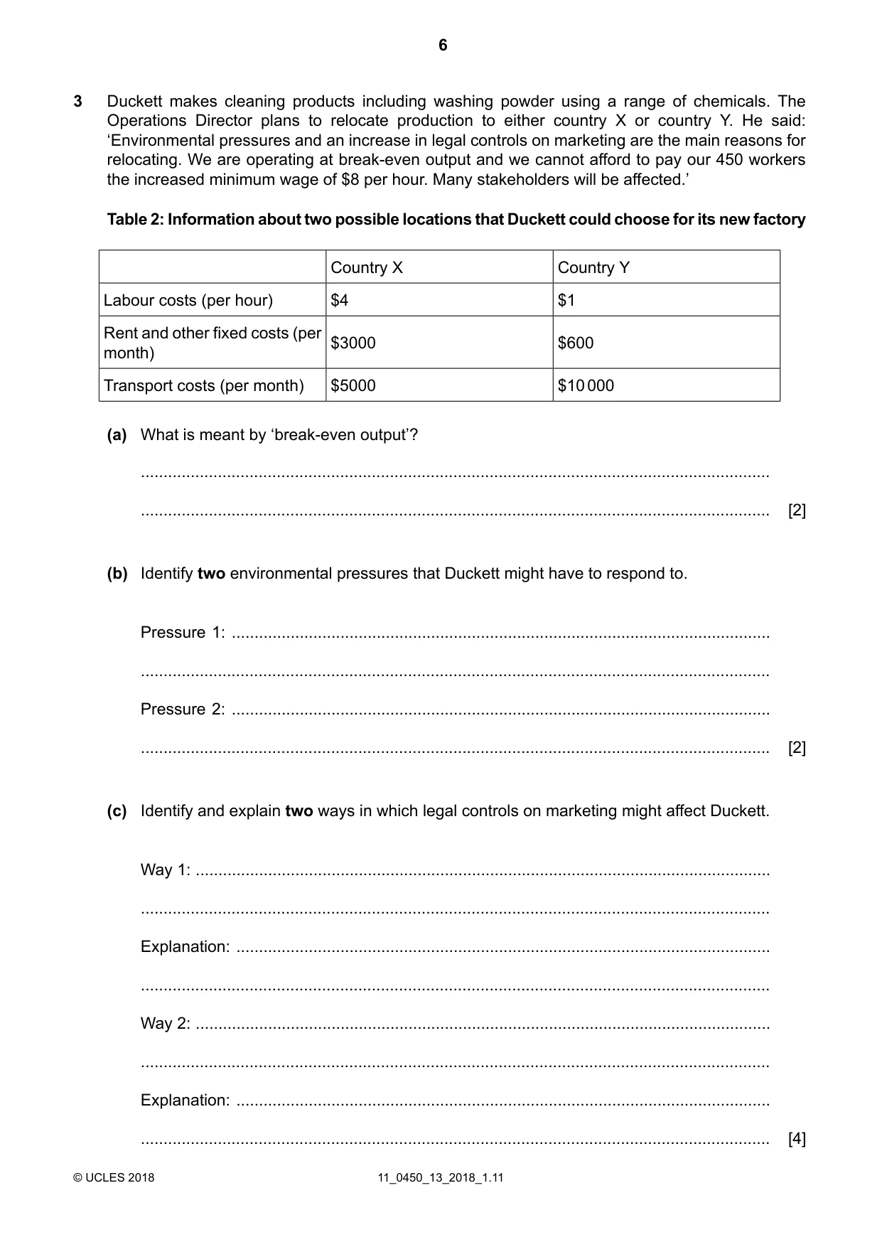 Cambridge IGCSE Business Studies 0450 2018 Oct/Nov Paper 1 · Variant 3 question paper, page 6 of 12