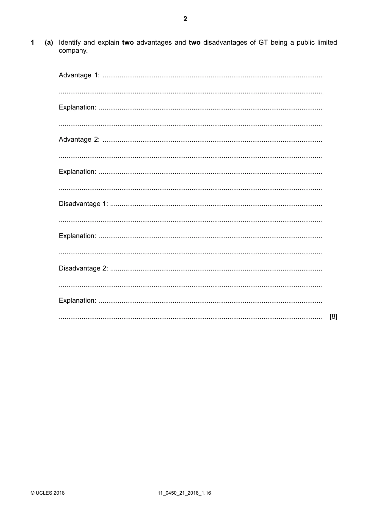 Cambridge IGCSE Business Studies 0450 2018 Oct/Nov Paper 2 · Variant 1 question paper, page 2 of 12