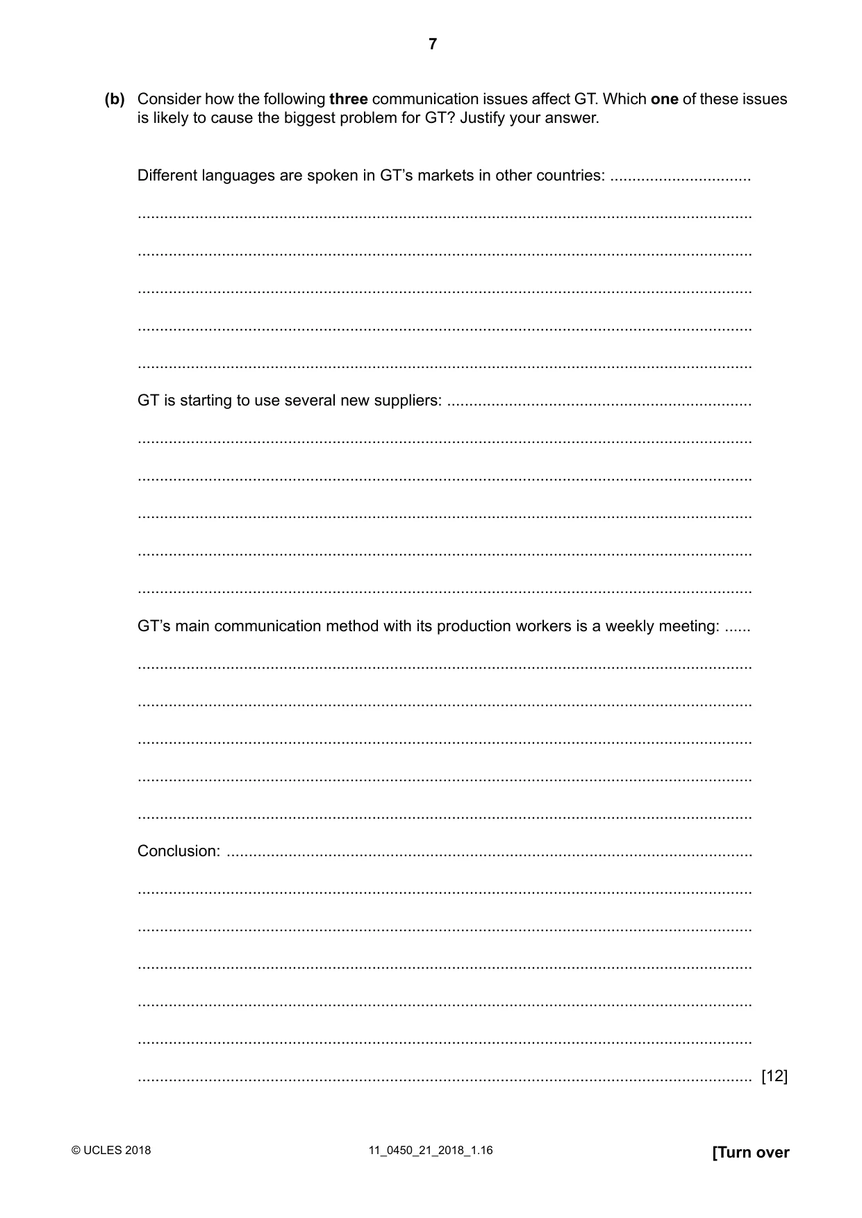 Cambridge IGCSE Business Studies 0450 2018 Oct/Nov Paper 2 · Variant 1 question paper, page 7 of 12
