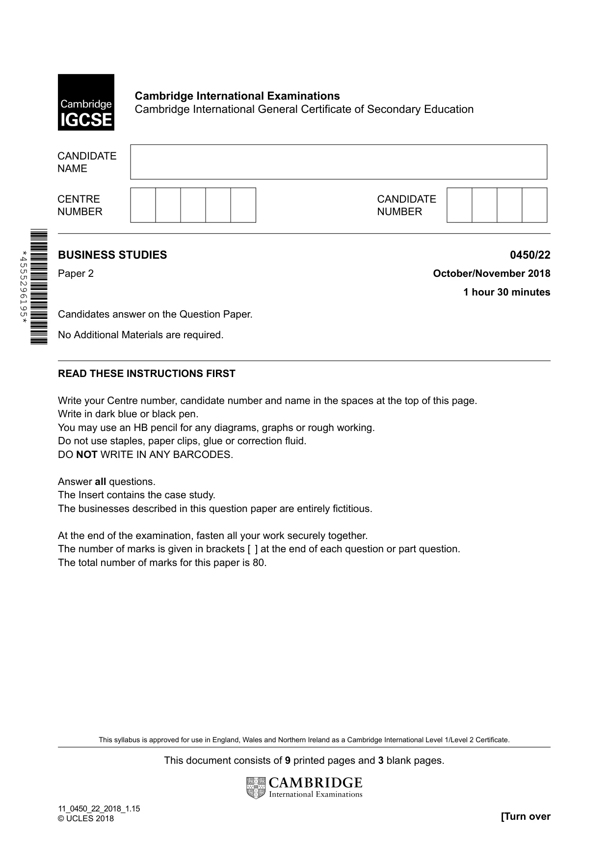 Cambridge IGCSE Business Studies 0450 2018 Oct/Nov Paper 2 · Variant 2 question paper, page 1 of 12
