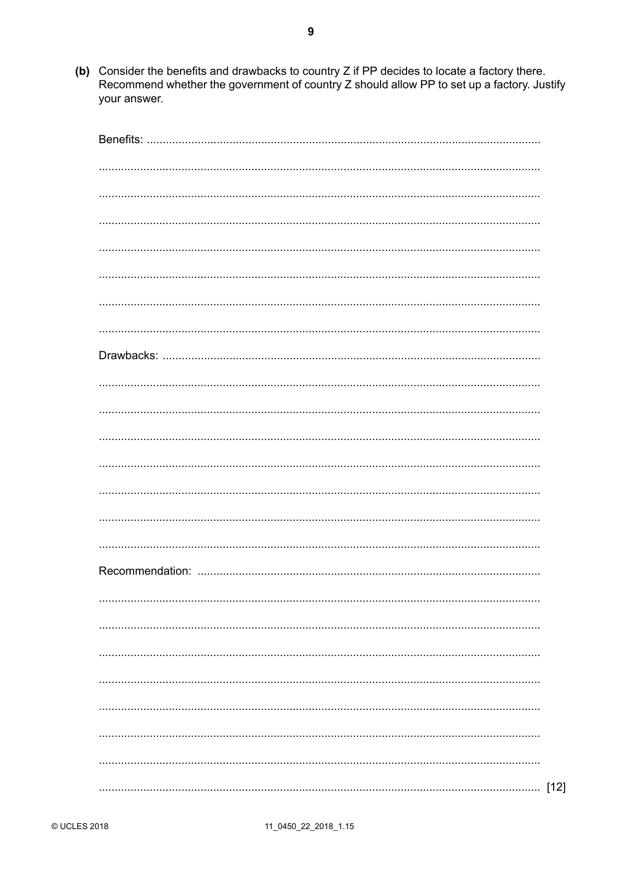 Cambridge IGCSE Business Studies 0450 2018 Oct/Nov Paper 2 · Variant 2 question paper, page 9 of 12