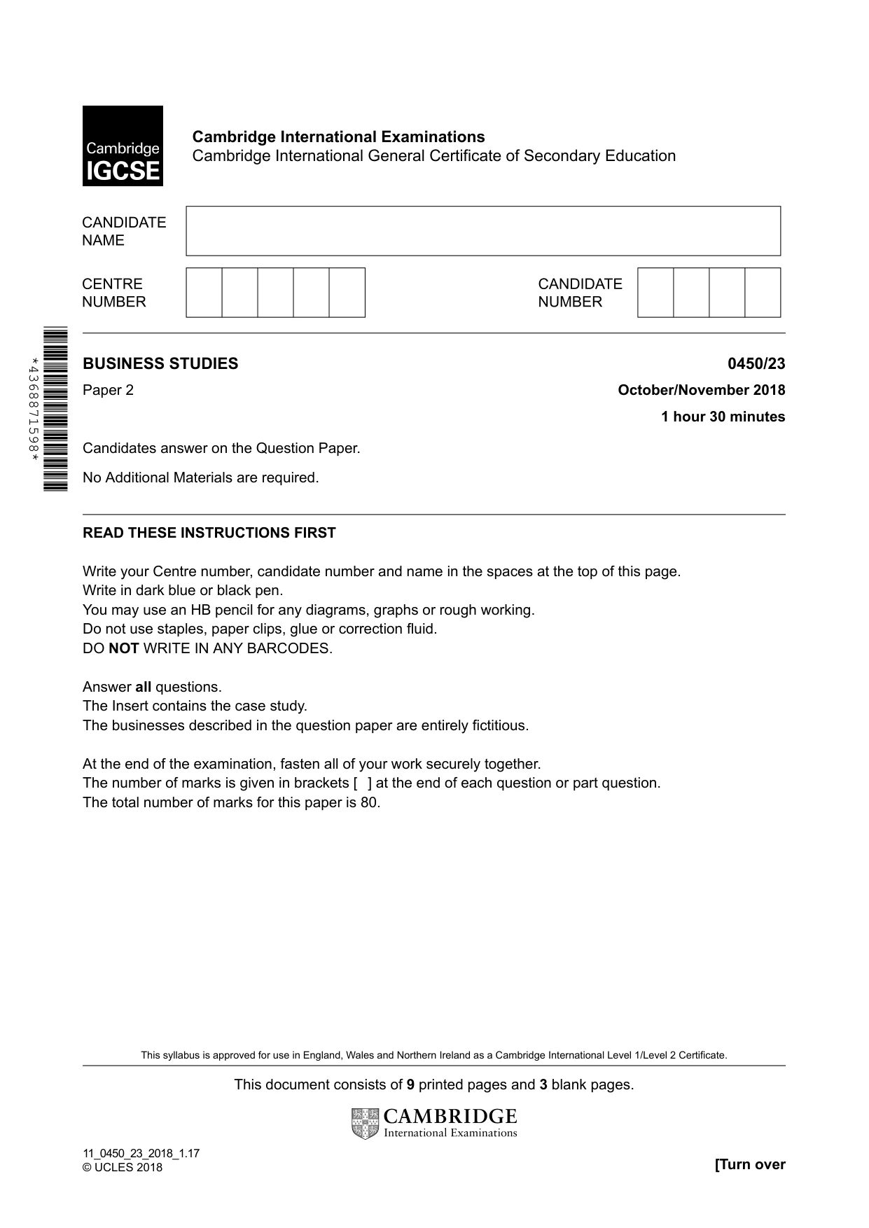 Cambridge IGCSE Business Studies 0450 2018 Oct/Nov Paper 2 · Variant 3 question paper, page 1 of 12