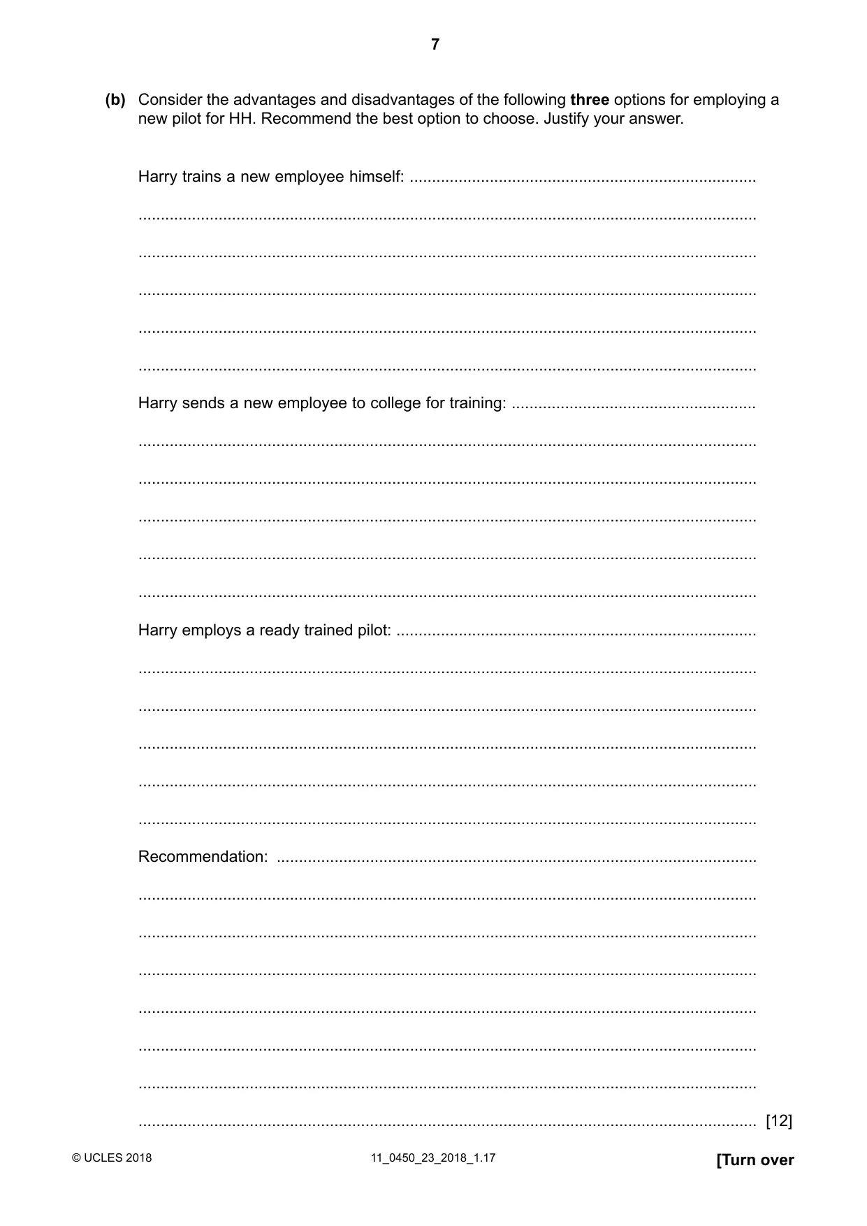 Cambridge IGCSE Business Studies 0450 2018 Oct/Nov Paper 2 · Variant 3 question paper, page 7 of 12