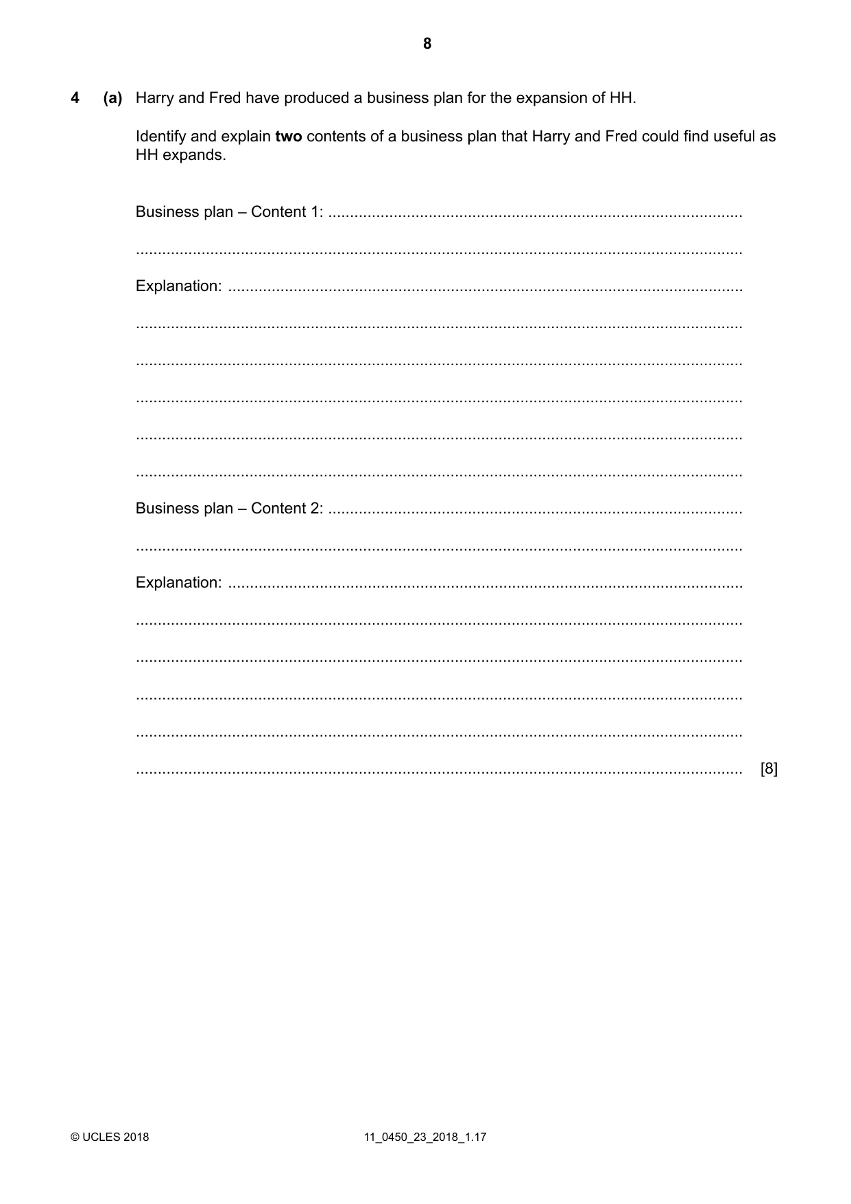 Cambridge IGCSE Business Studies 0450 2018 Oct/Nov Paper 2 · Variant 3 question paper, page 8 of 12