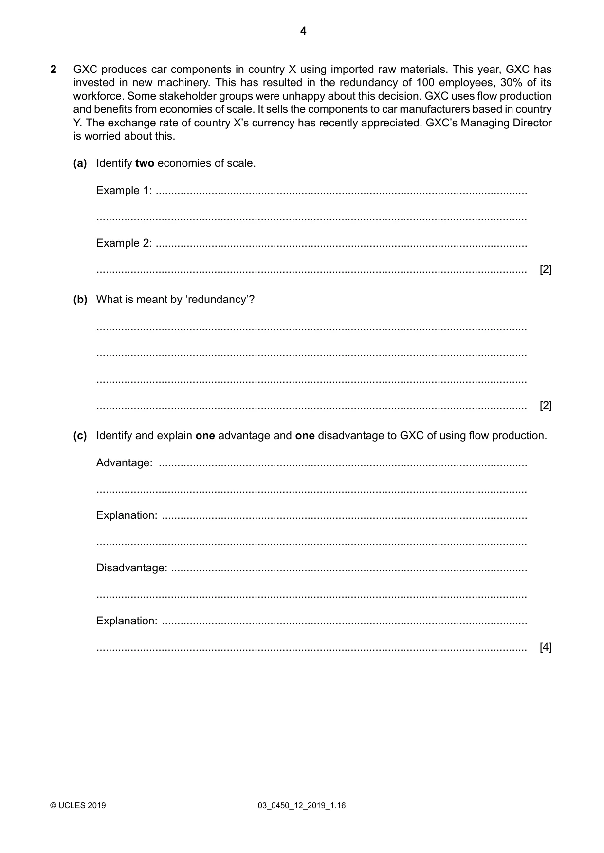 Cambridge IGCSE Business Studies 0450 2019 Feb/March Paper 1 · Variant 2 question paper, page 4 of 12