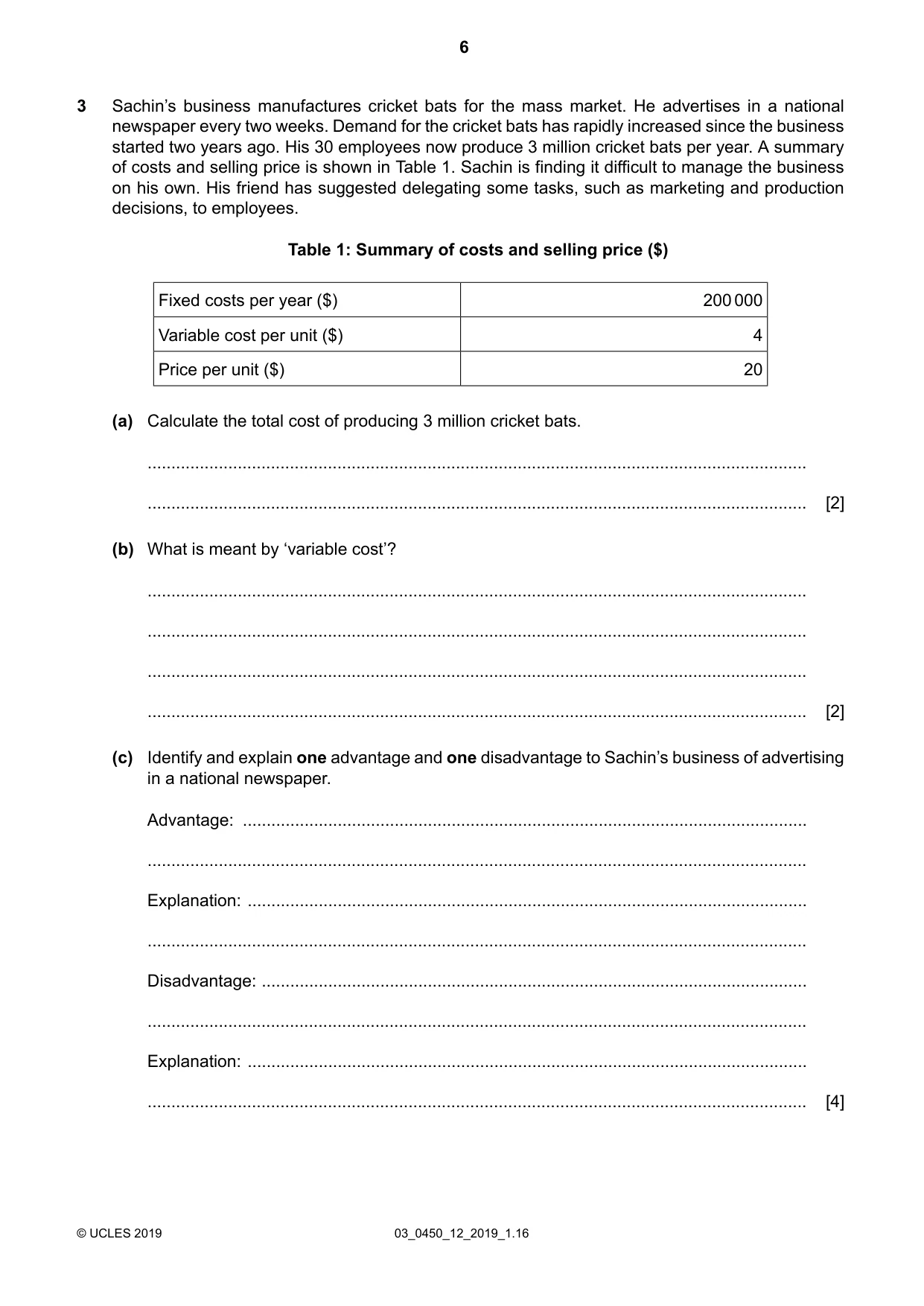 Cambridge IGCSE Business Studies 0450 2019 Feb/March Paper 1 · Variant 2 question paper, page 6 of 12