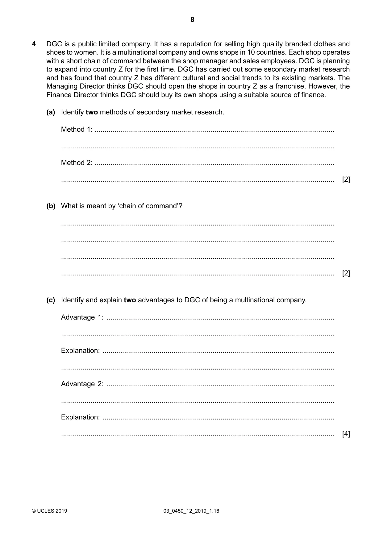 Cambridge IGCSE Business Studies 0450 2019 Feb/March Paper 1 · Variant 2 question paper, page 8 of 12