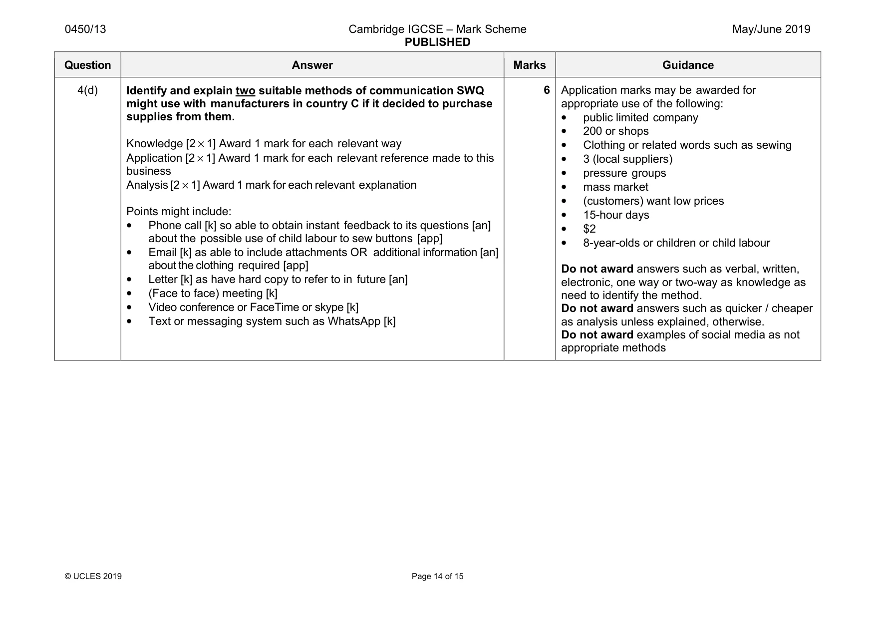 Mark scheme, page 14 of 15