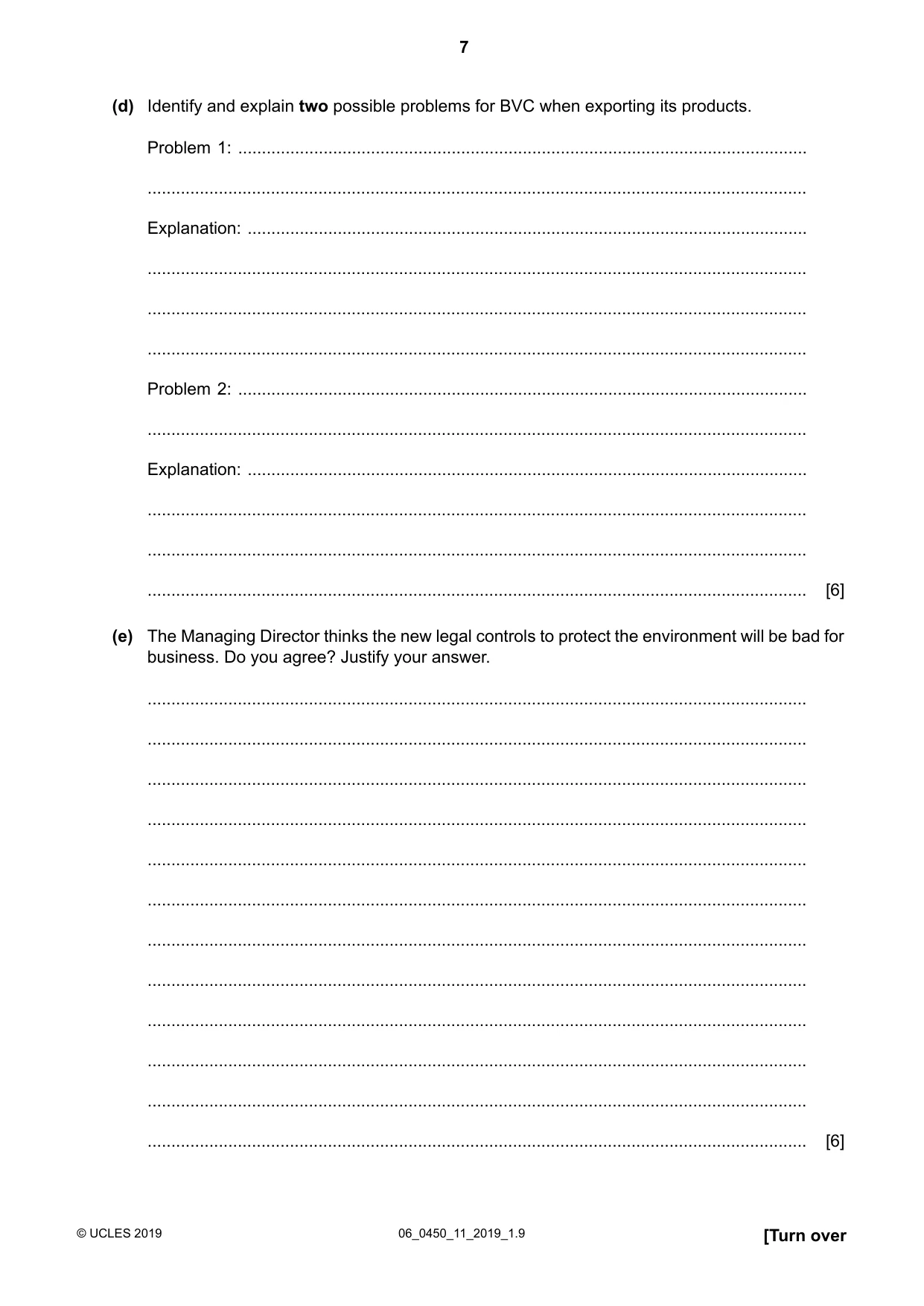 Cambridge IGCSE Business Studies 0450 2019 May/June Paper 1 · Variant 1 question paper, page 7 of 12