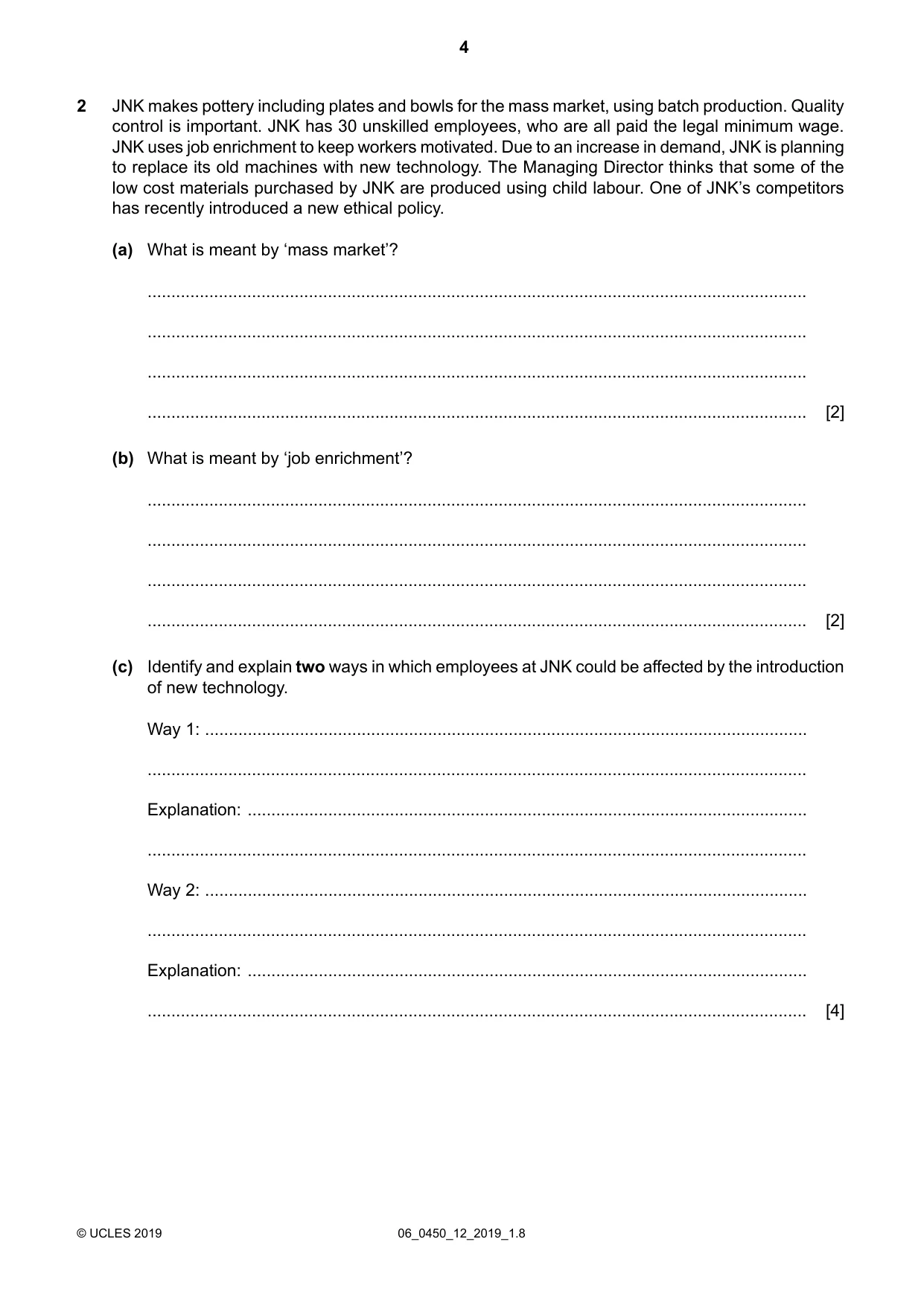 Cambridge IGCSE Business Studies 0450 2019 May/June Paper 1 · Variant 2 question paper, page 4 of 12