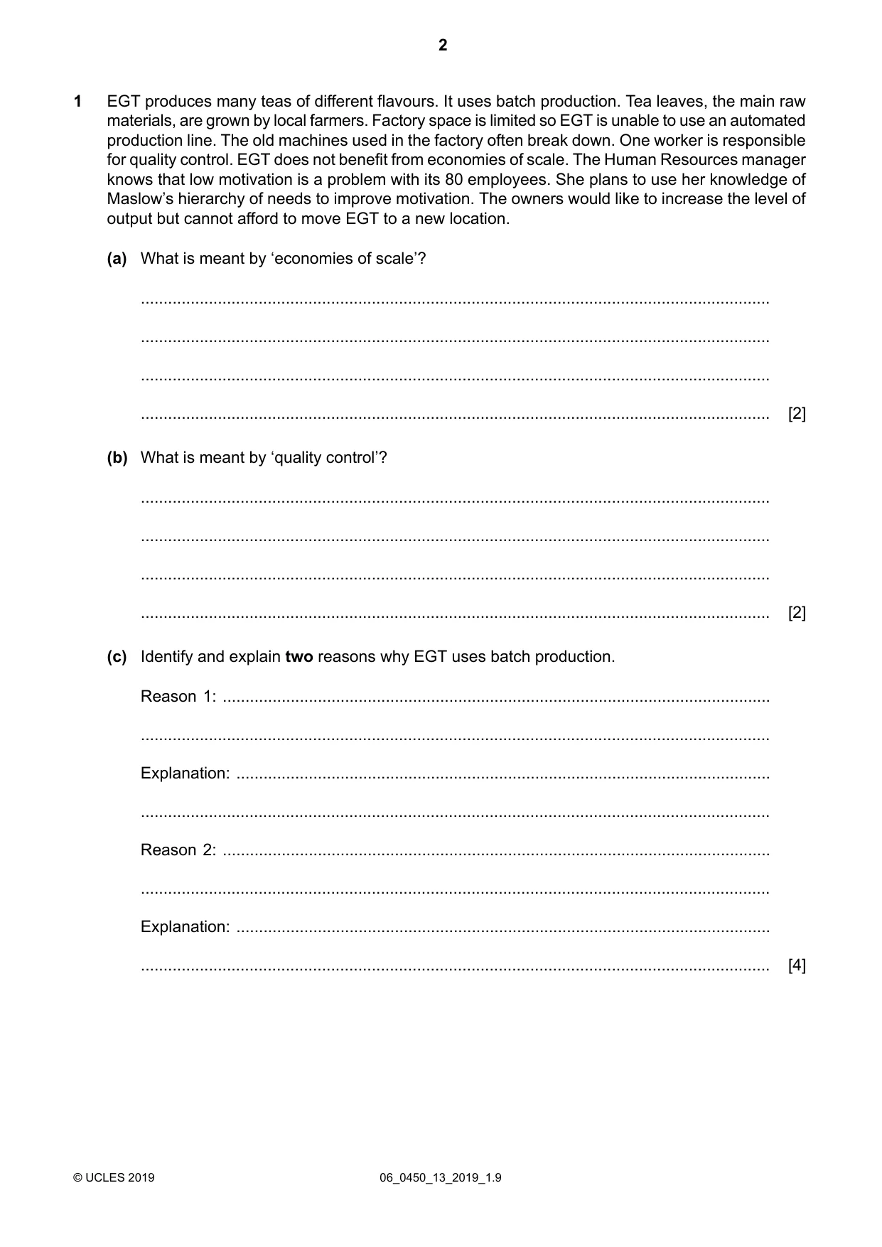 Cambridge IGCSE Business Studies 0450 2019 May/June Paper 1 · Variant 3 question paper, page 2 of 12