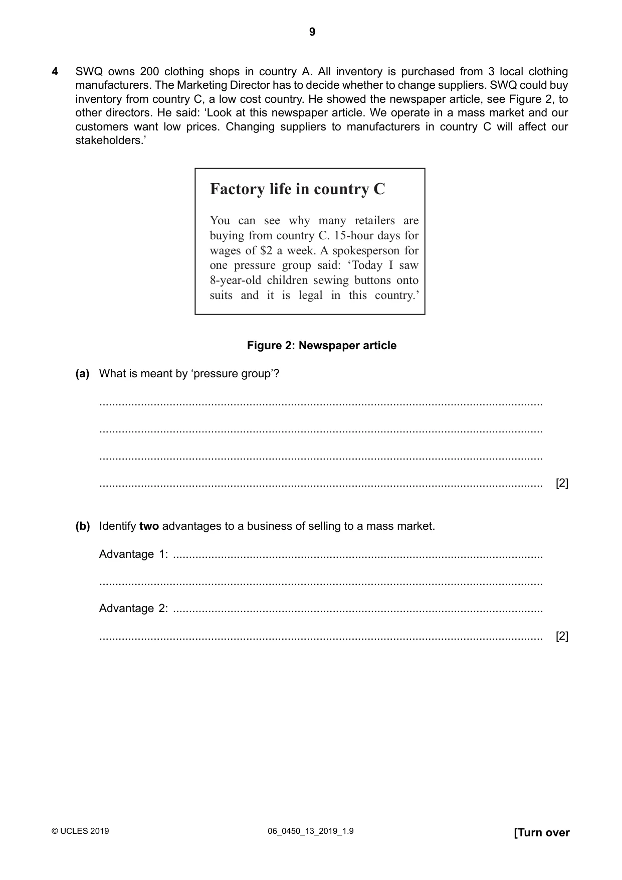 Cambridge IGCSE Business Studies 0450 2019 May/June Paper 1 · Variant 3 question paper, page 9 of 12