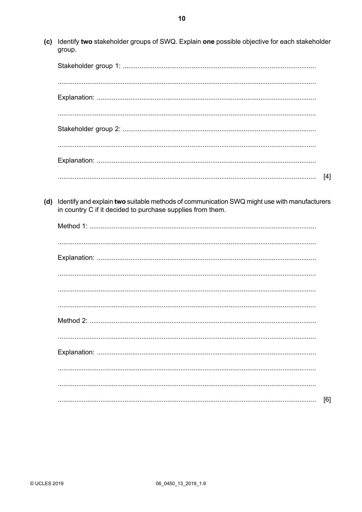Cambridge IGCSE Business Studies 0450 2019 May/June Paper 1 · Variant 3 question paper, page 10 of 12