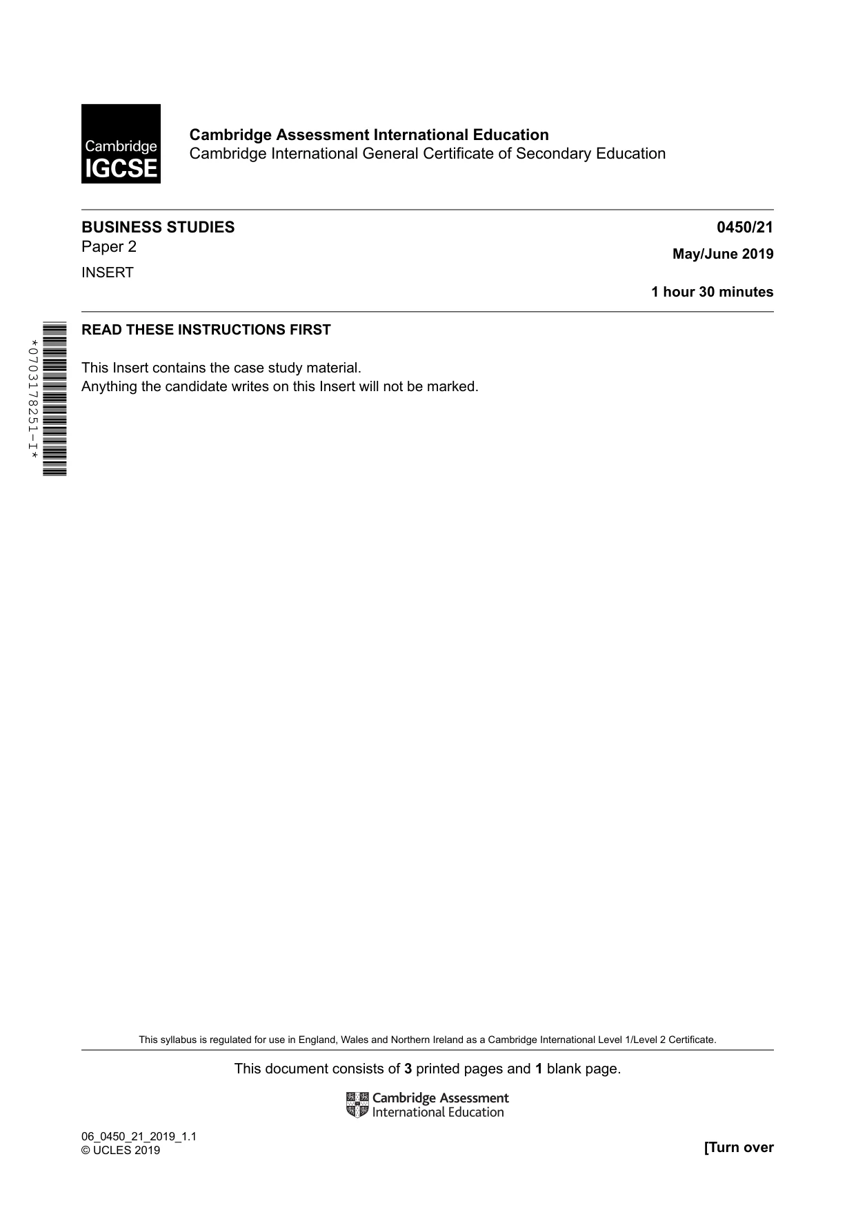Cambridge IGCSE Business Studies 0450 2019 May/June Paper 2 · Variant 1 question paper, page 1 of 4