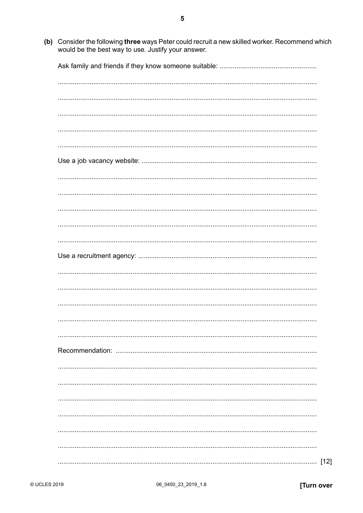 Cambridge IGCSE Business Studies 0450 2019 May/June Paper 2 · Variant 3 question paper, page 5 of 12