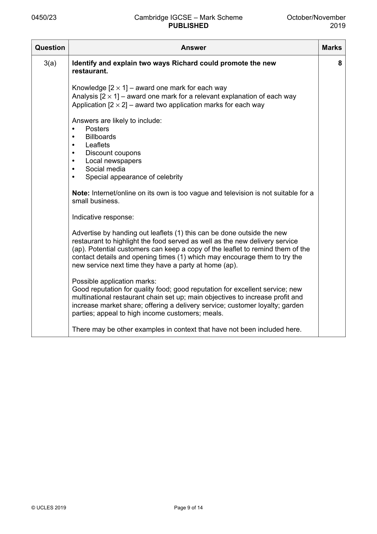 Mark scheme, page 9 of 14