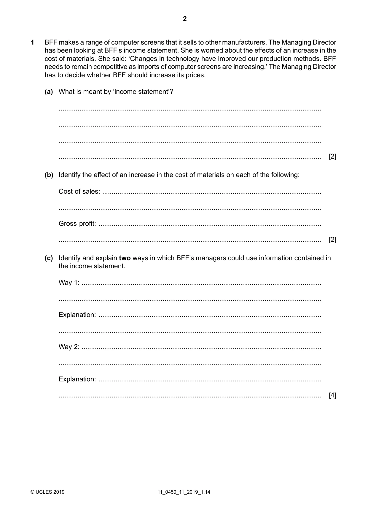 Cambridge IGCSE Business Studies 0450 2019 Oct/Nov Paper 1 · Variant 1 question paper, page 2 of 12