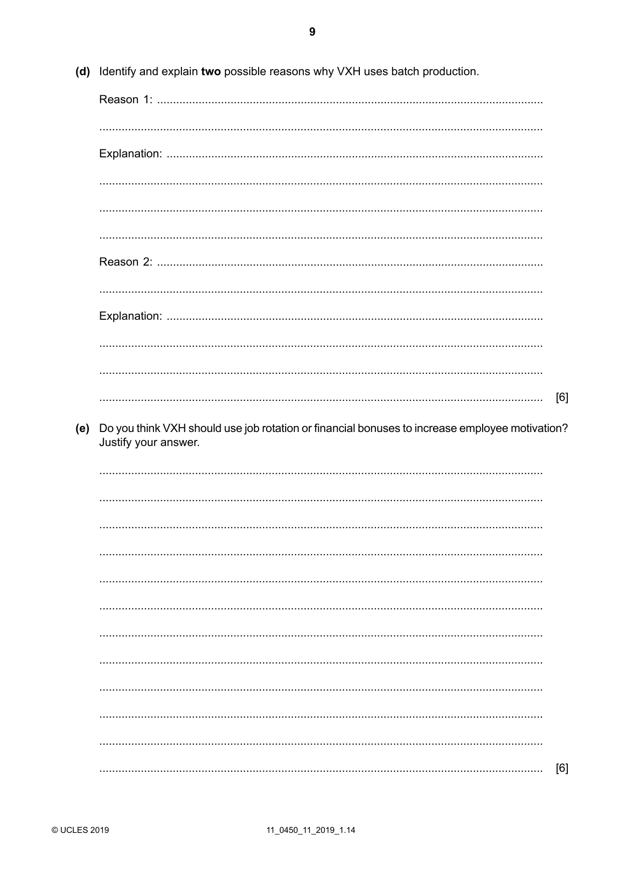 Cambridge IGCSE Business Studies 0450 2019 Oct/Nov Paper 1 · Variant 1 question paper, page 9 of 12