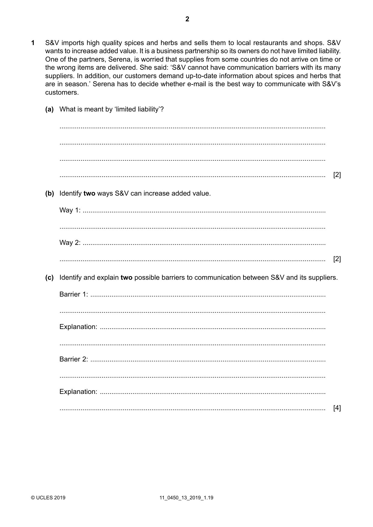 Cambridge IGCSE Business Studies 0450 2019 Oct/Nov Paper 1 · Variant 3 question paper, page 2 of 12