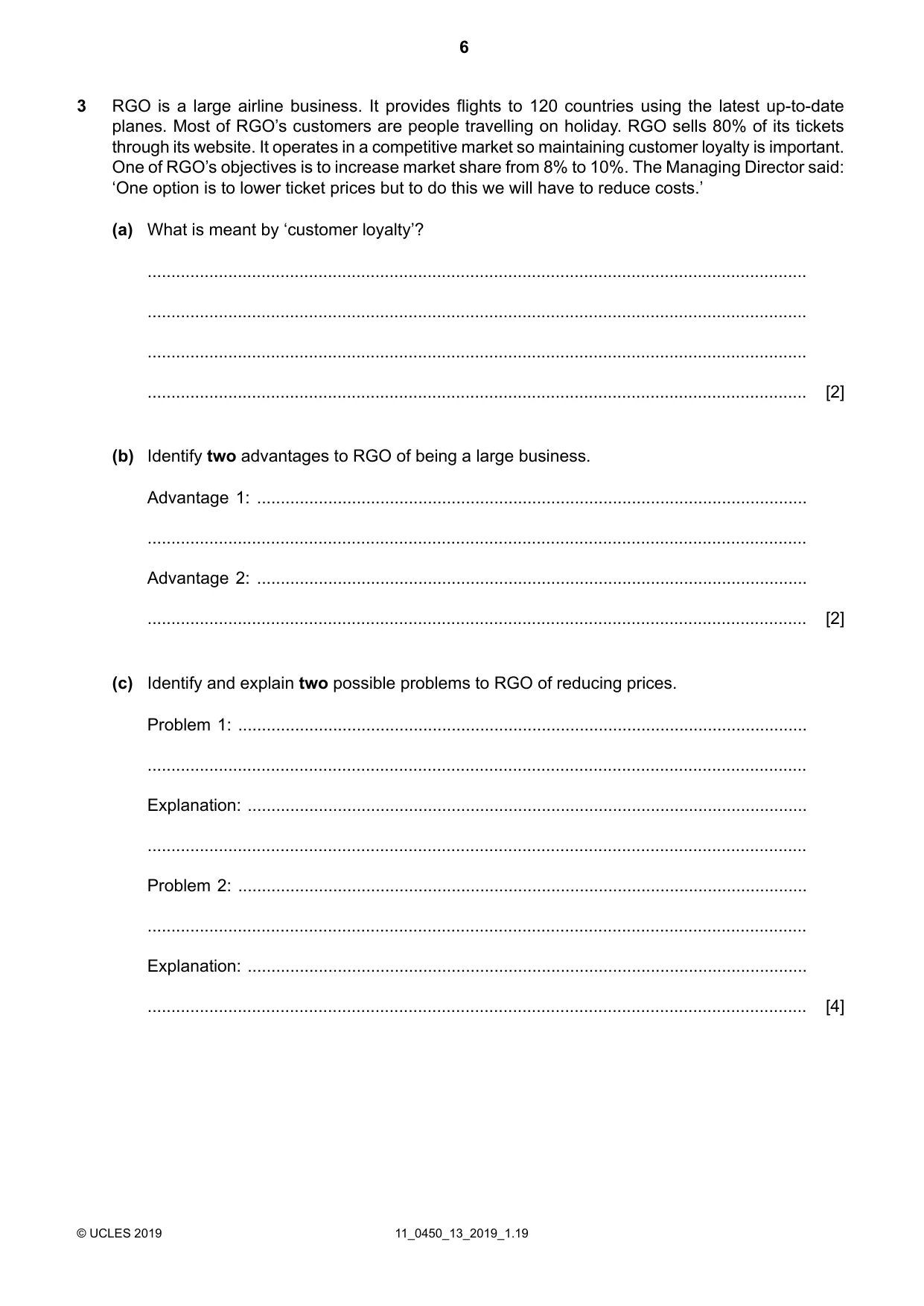 Cambridge IGCSE Business Studies 0450 2019 Oct/Nov Paper 1 · Variant 3 question paper, page 6 of 12