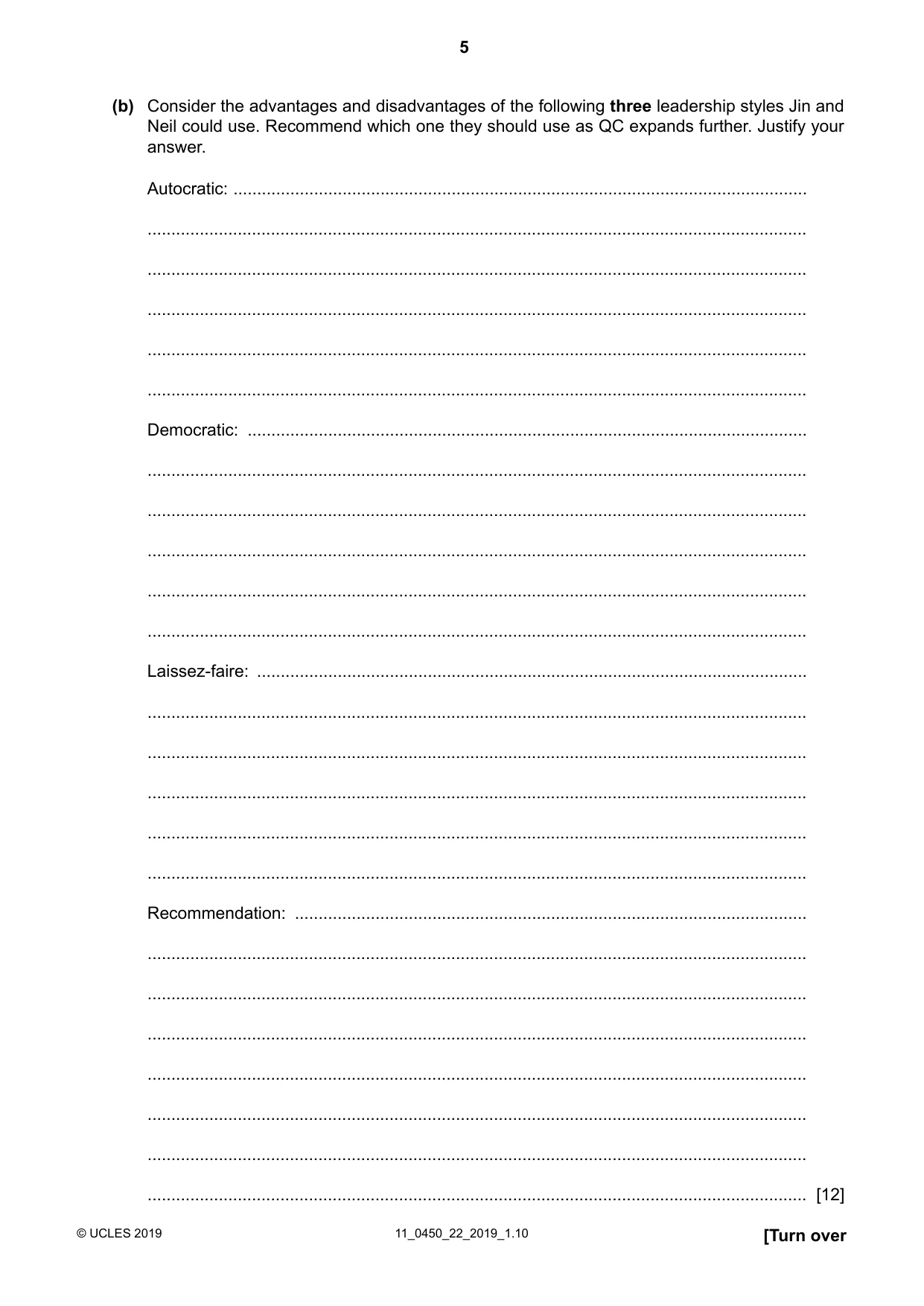 Cambridge IGCSE Business Studies 0450 2019 Oct/Nov Paper 2 · Variant 2 question paper, page 5 of 12