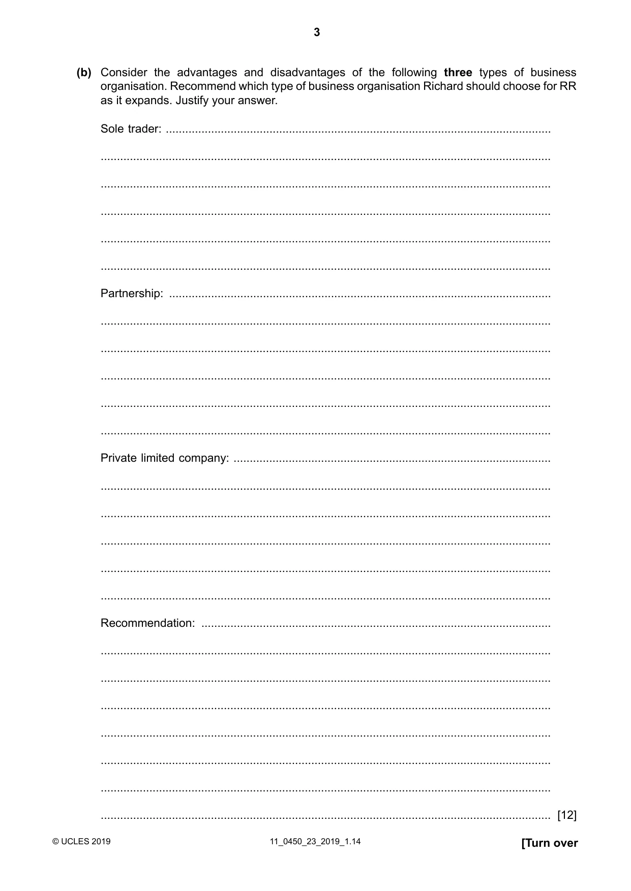 Cambridge IGCSE Business Studies 0450 2019 Oct/Nov Paper 2 · Variant 3 question paper, page 3 of 12