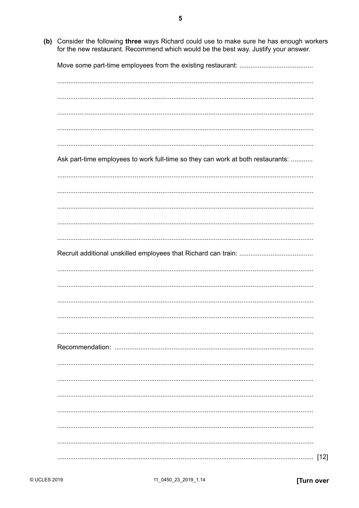 Cambridge IGCSE Business Studies 0450 2019 Oct/Nov Paper 2 · Variant 3 question paper, page 5 of 12