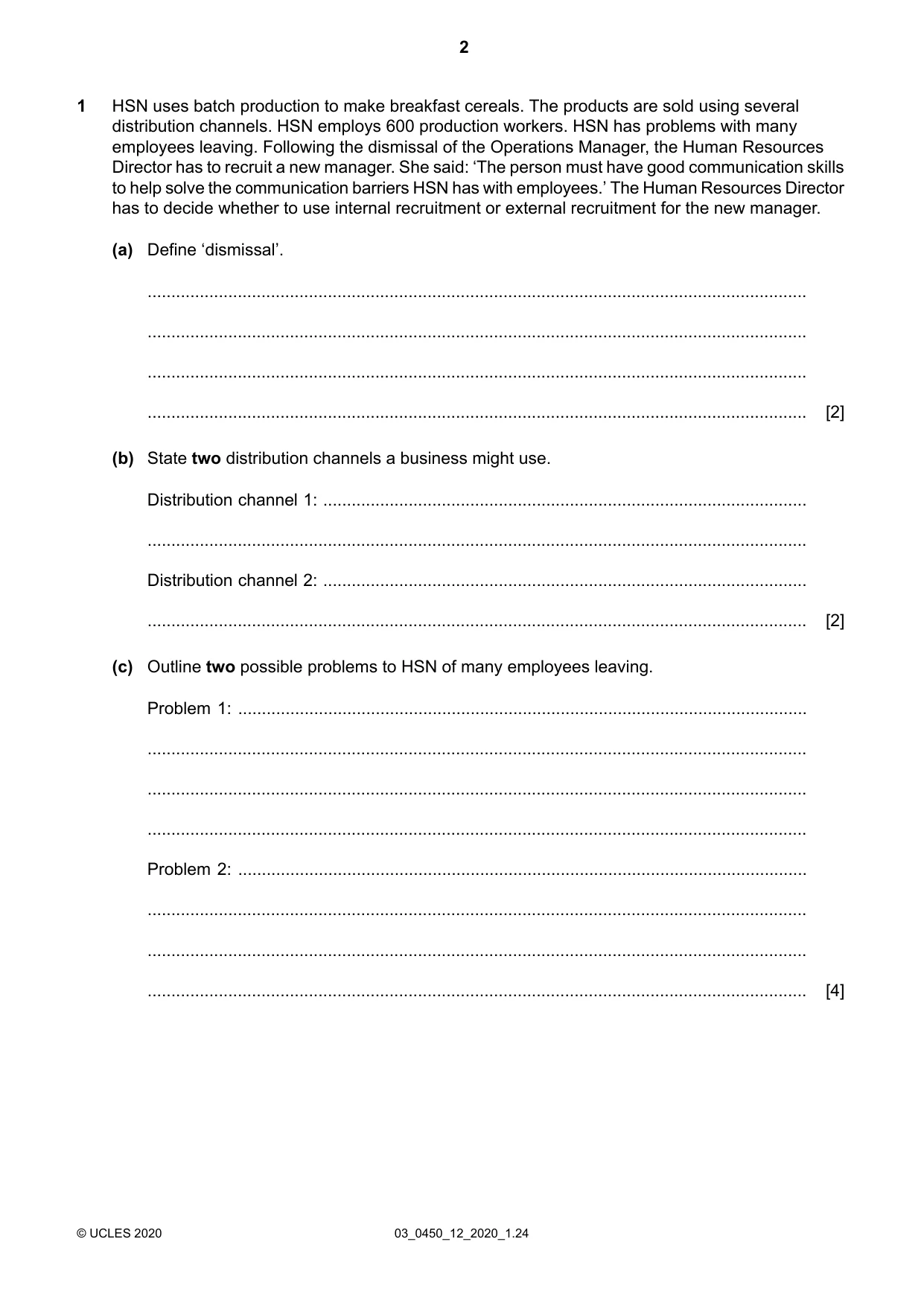 Cambridge IGCSE Business Studies 0450 2020 Feb/March Paper 1 · Variant 2 question paper, page 2 of 12