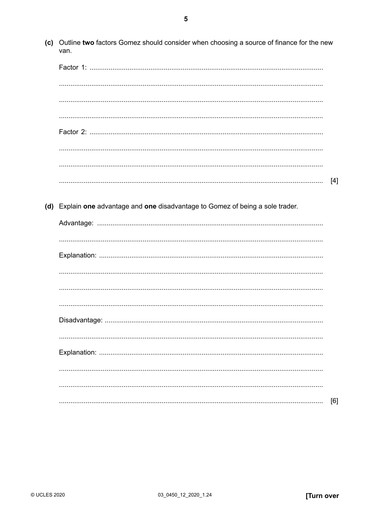 Cambridge IGCSE Business Studies 0450 2020 Feb/March Paper 1 · Variant 2 question paper, page 5 of 12