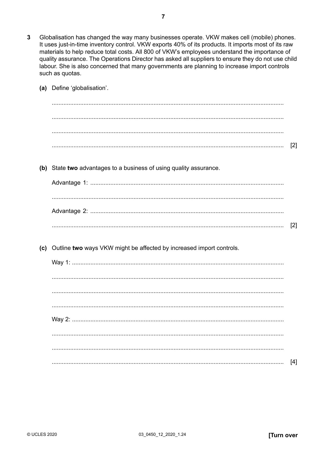 Cambridge IGCSE Business Studies 0450 2020 Feb/March Paper 1 · Variant 2 question paper, page 7 of 12