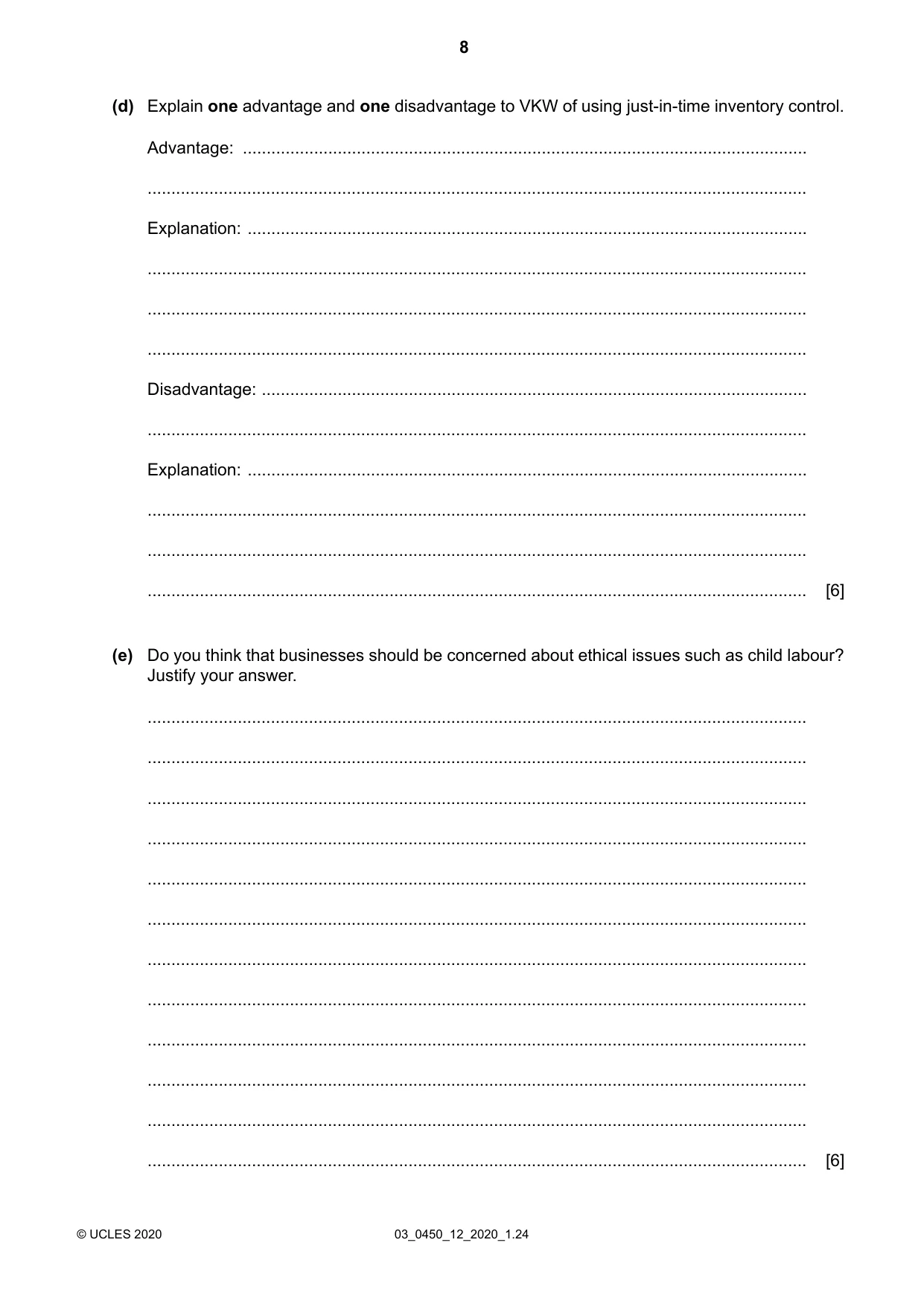 Cambridge IGCSE Business Studies 0450 2020 Feb/March Paper 1 · Variant 2 question paper, page 8 of 12