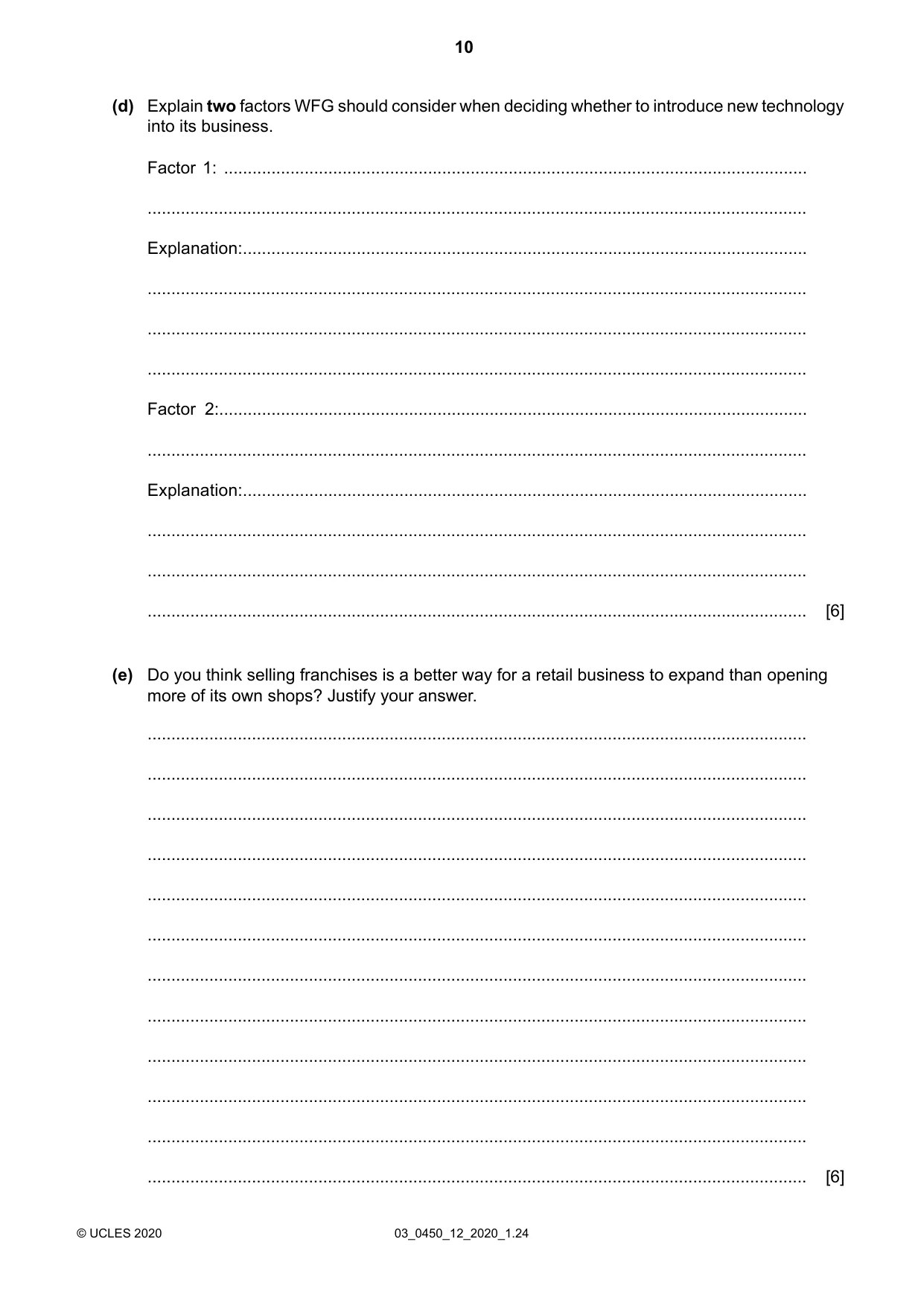 Cambridge IGCSE Business Studies 0450 2020 Feb/March Paper 1 · Variant 2 question paper, page 10 of 12