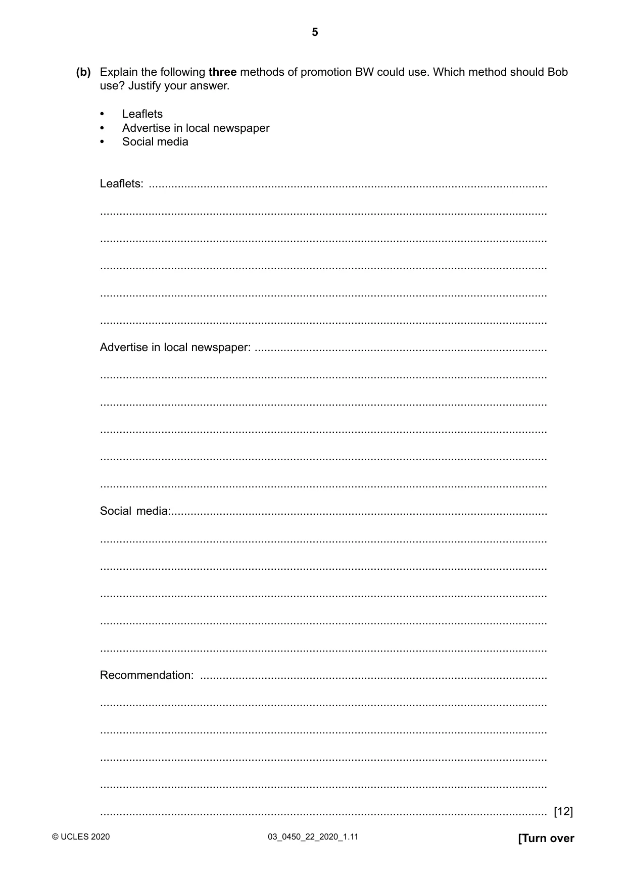 Cambridge IGCSE Business Studies 0450 2020 Feb/March Paper 2 · Variant 2 question paper, page 5 of 12