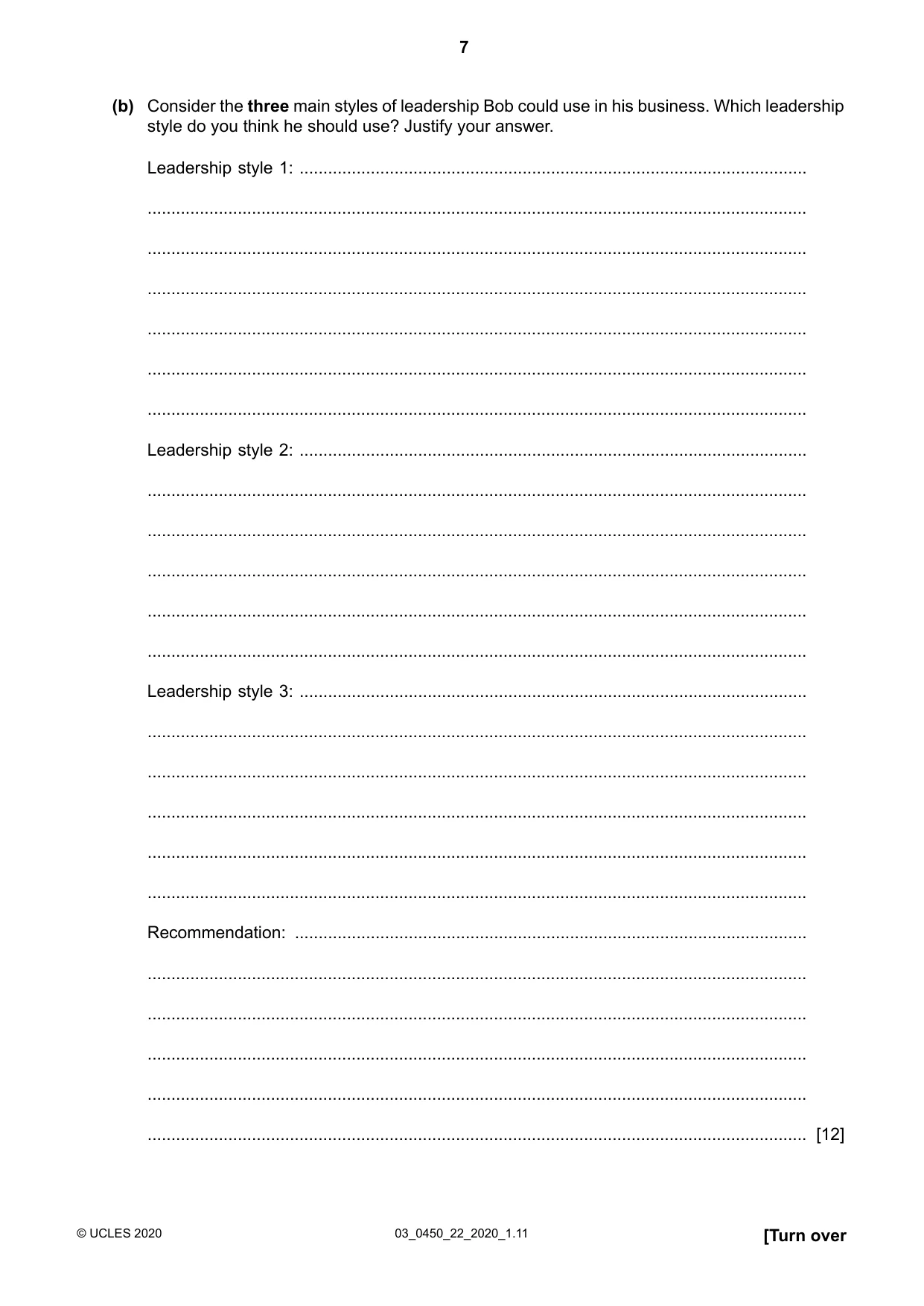 Cambridge IGCSE Business Studies 0450 2020 Feb/March Paper 2 · Variant 2 question paper, page 7 of 12