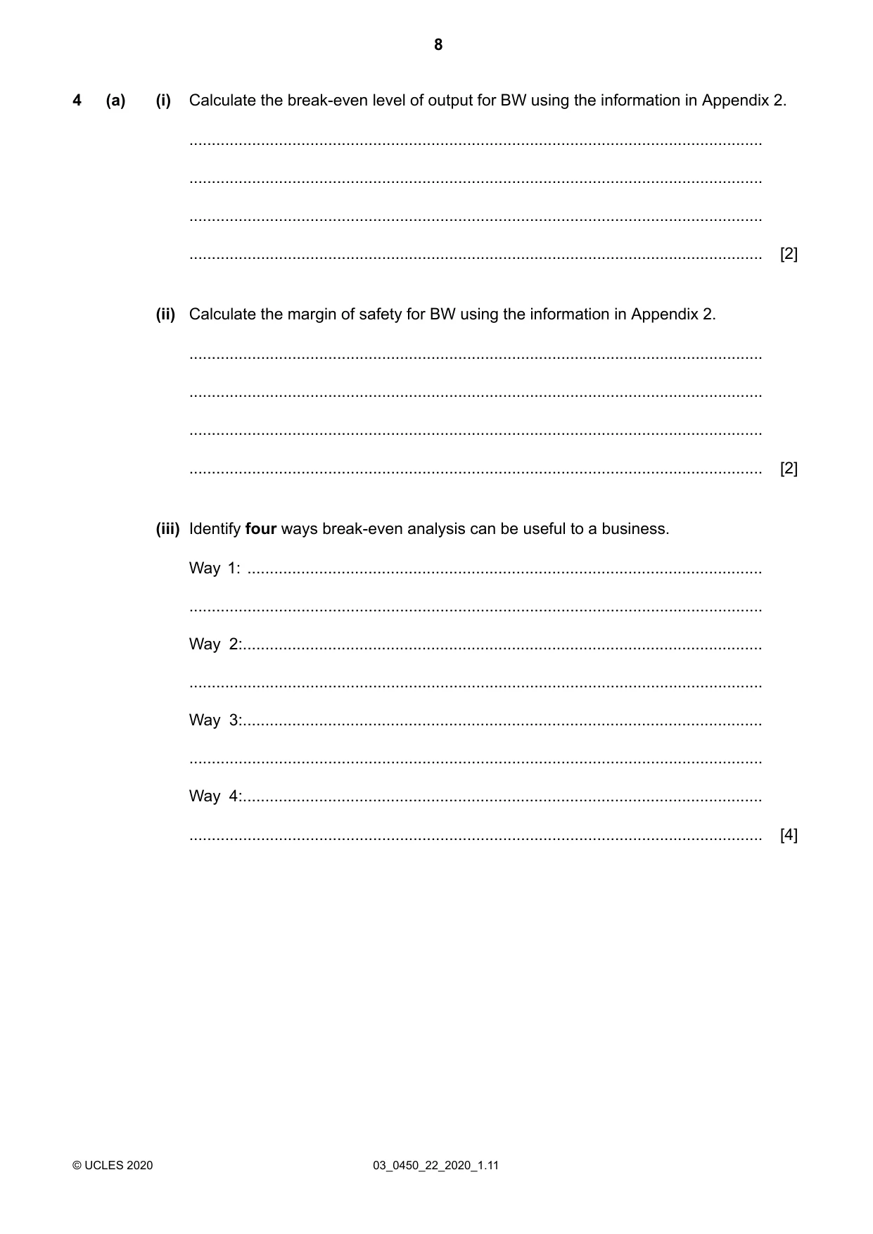 Cambridge IGCSE Business Studies 0450 2020 Feb/March Paper 2 · Variant 2 question paper, page 8 of 12