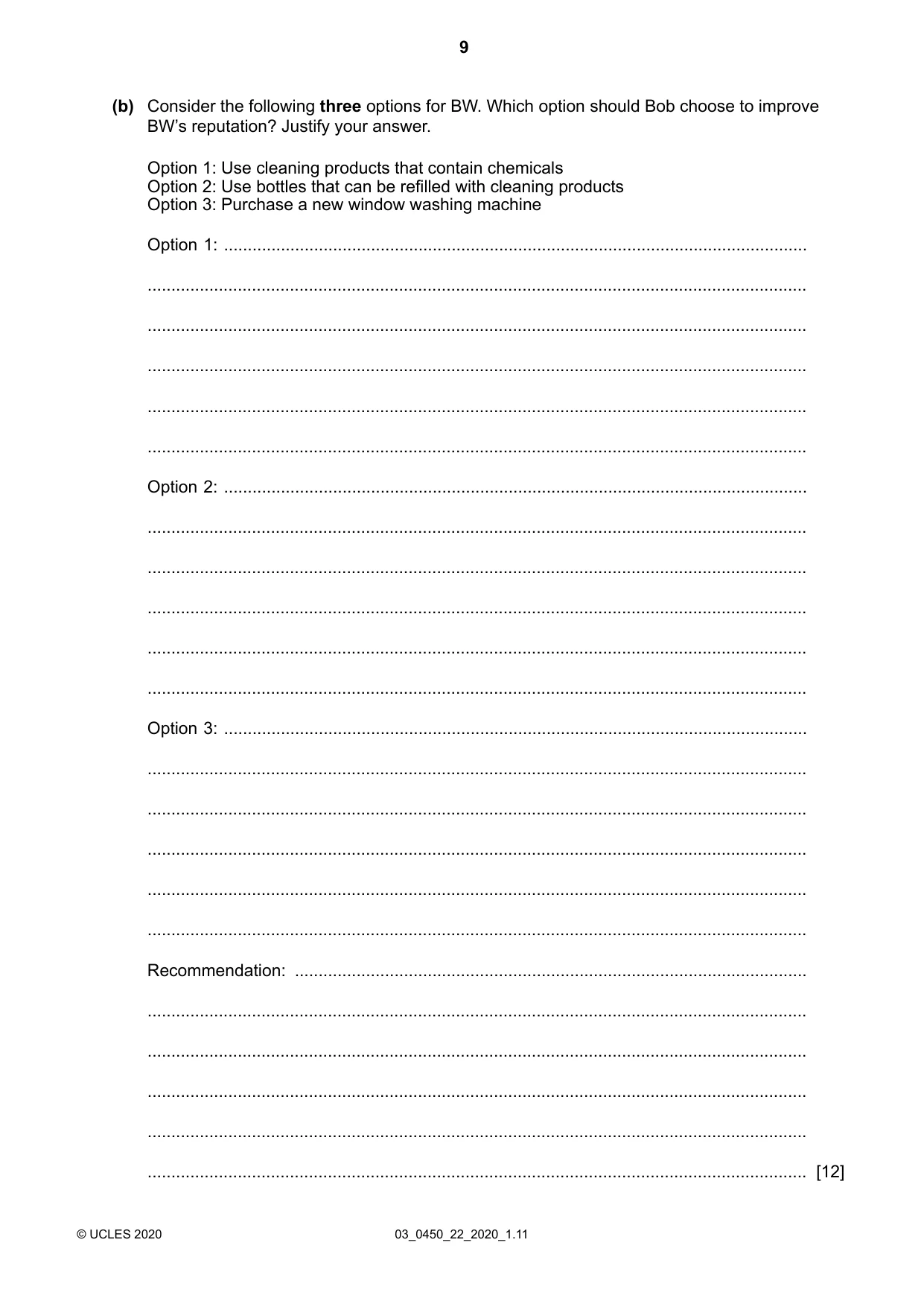 Cambridge IGCSE Business Studies 0450 2020 Feb/March Paper 2 · Variant 2 question paper, page 9 of 12