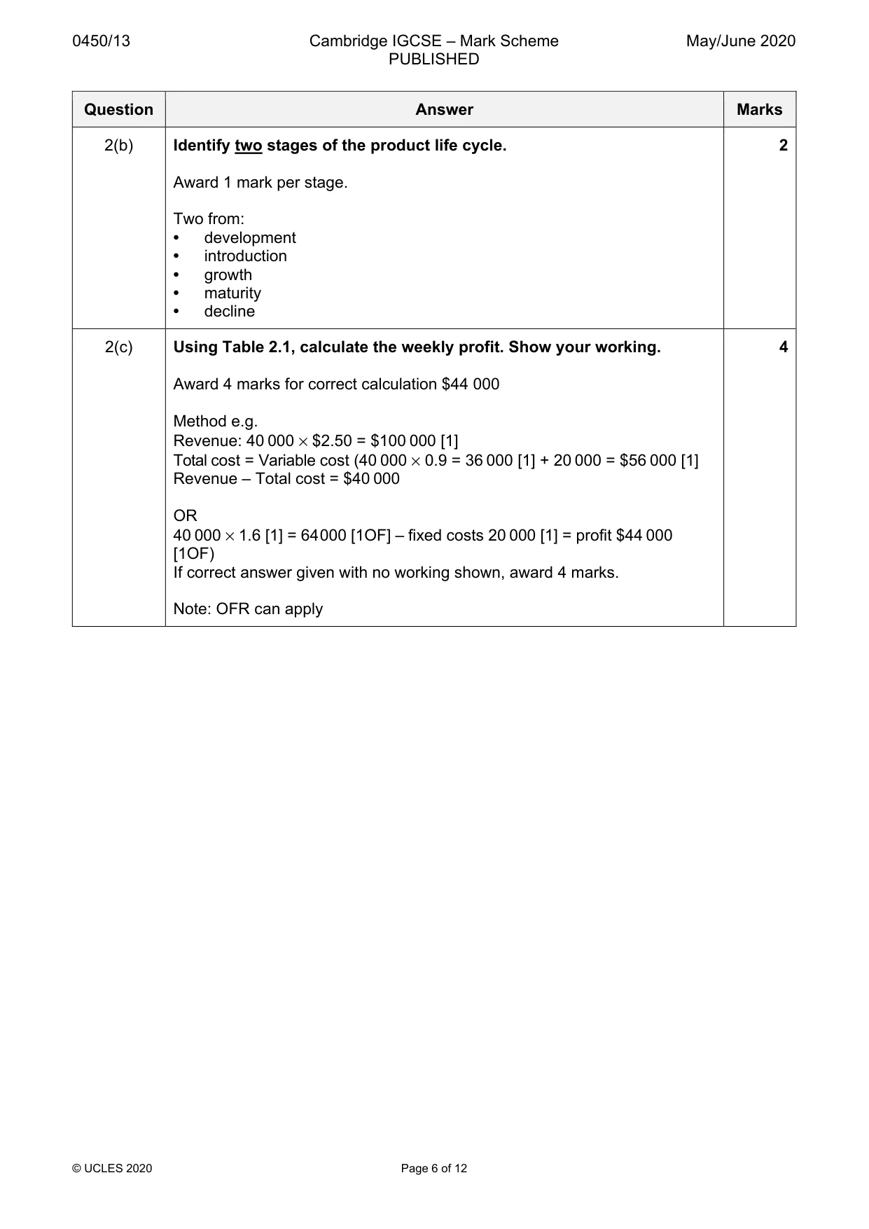 Mark scheme, page 6 of 12