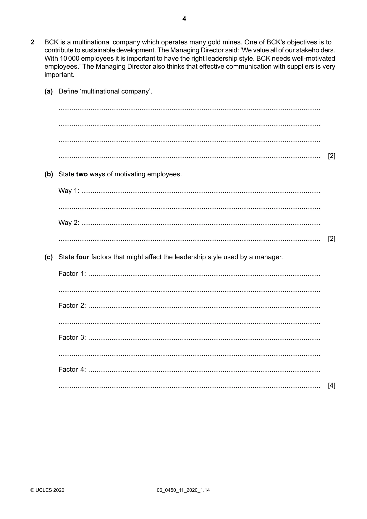Cambridge IGCSE Business Studies 0450 2020 May/June Paper 1 · Variant 1 question paper, page 4 of 12