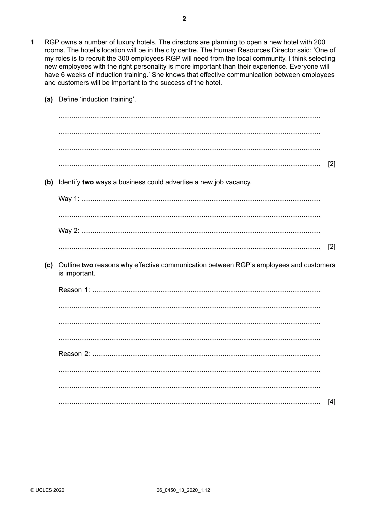 Cambridge IGCSE Business Studies 0450 2020 May/June Paper 1 · Variant 3 question paper, page 2 of 12