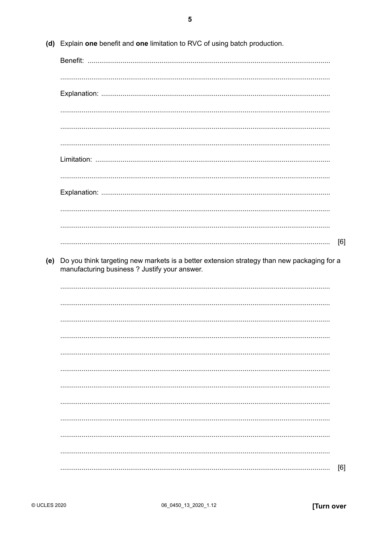 Cambridge IGCSE Business Studies 0450 2020 May/June Paper 1 · Variant 3 question paper, page 5 of 12