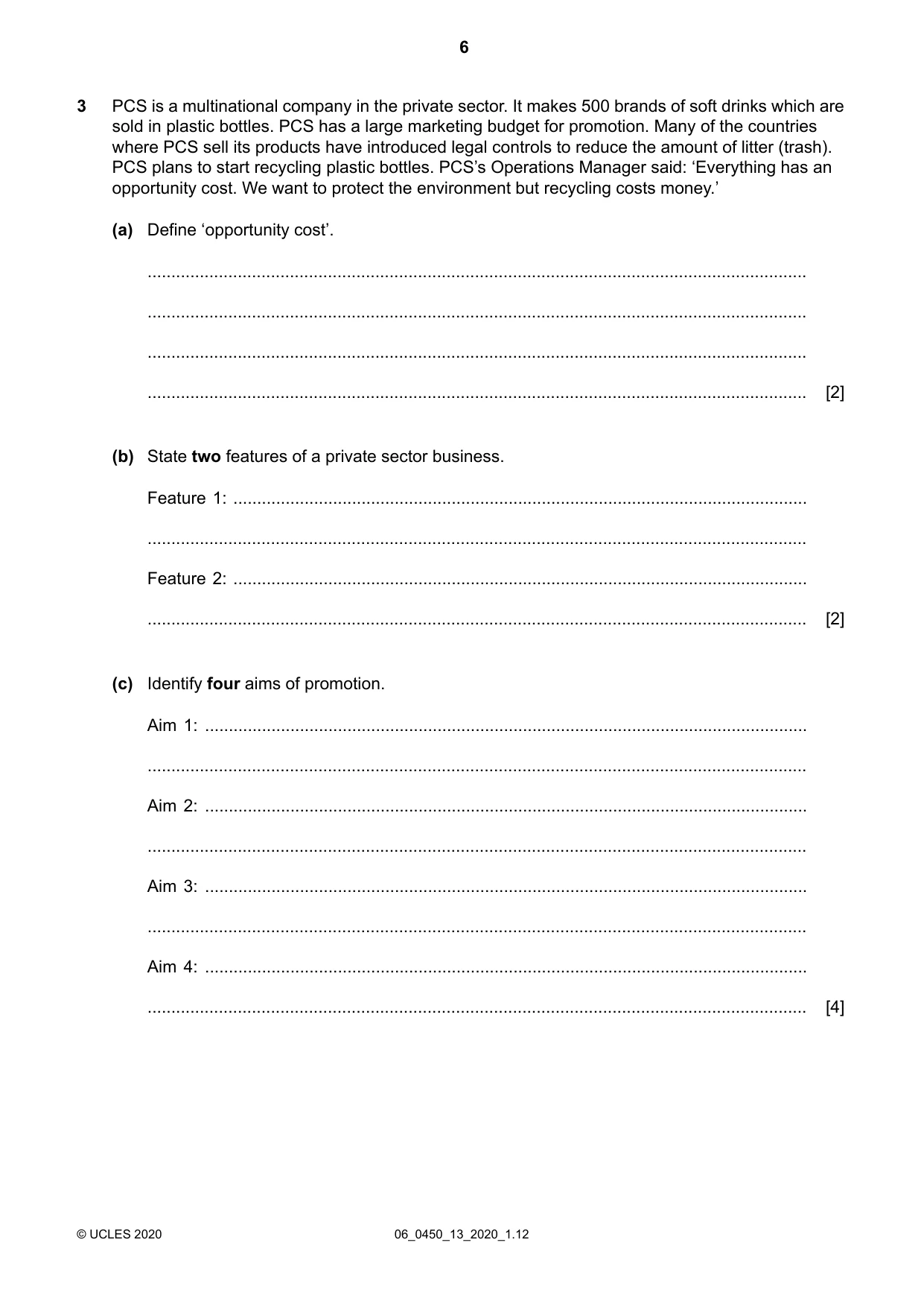 Cambridge IGCSE Business Studies 0450 2020 May/June Paper 1 · Variant 3 question paper, page 6 of 12