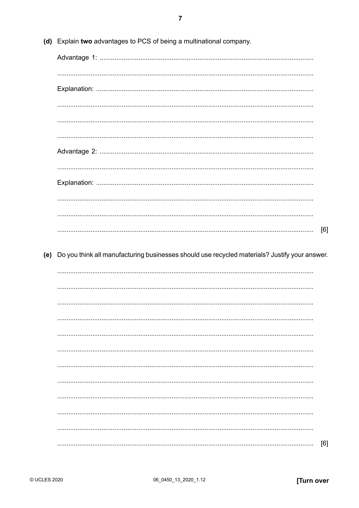 Cambridge IGCSE Business Studies 0450 2020 May/June Paper 1 · Variant 3 question paper, page 7 of 12