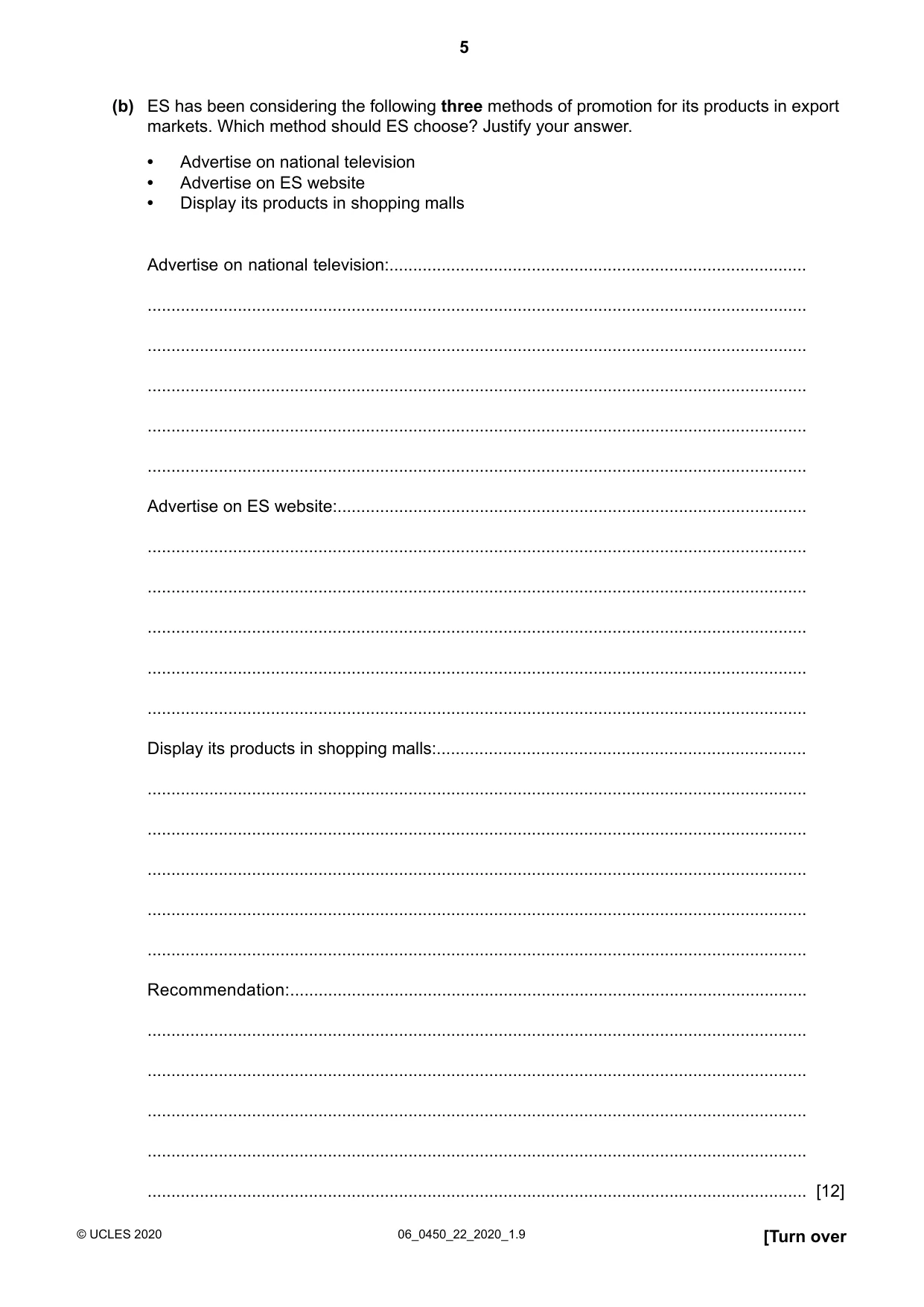 Cambridge IGCSE Business Studies 0450 2020 May/June Paper 2 · Variant 2 question paper, page 5 of 12