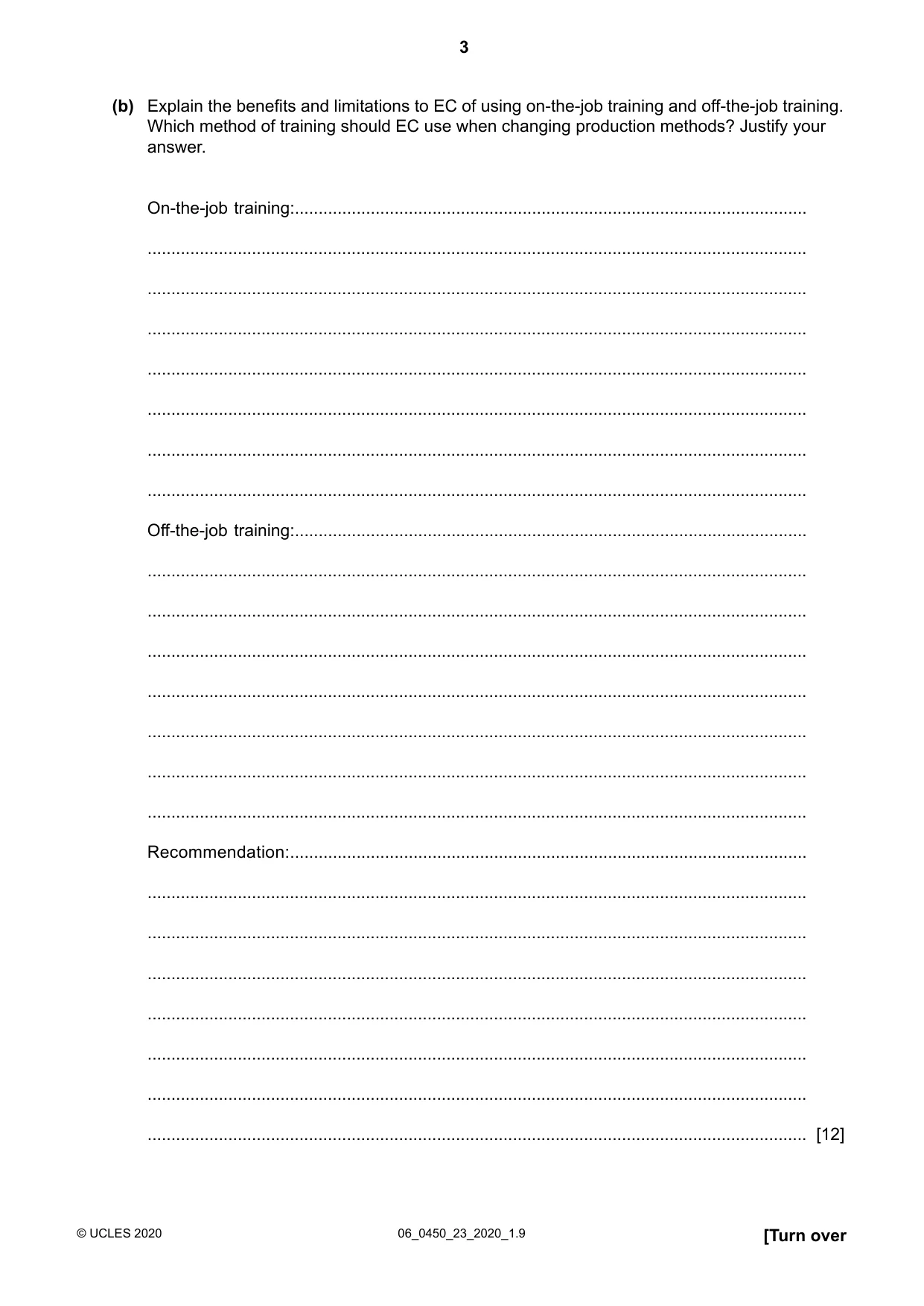 Cambridge IGCSE Business Studies 0450 2020 May/June Paper 2 · Variant 3 question paper, page 3 of 12