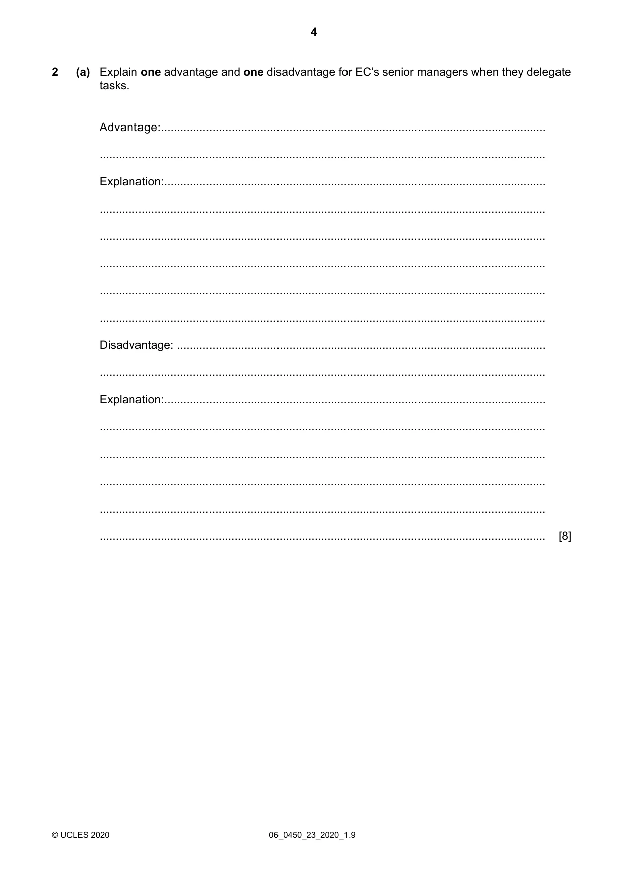Cambridge IGCSE Business Studies 0450 2020 May/June Paper 2 · Variant 3 question paper, page 4 of 12