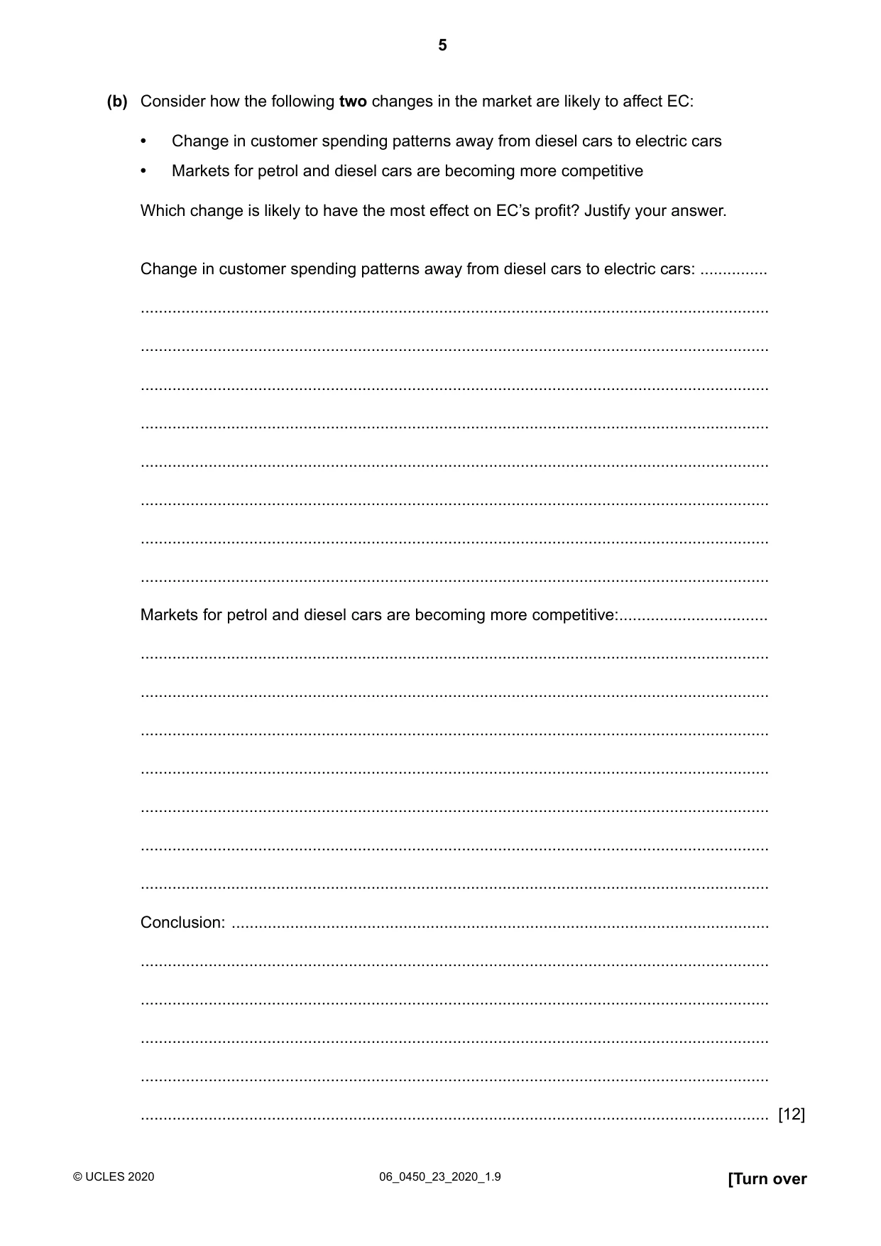 Cambridge IGCSE Business Studies 0450 2020 May/June Paper 2 · Variant 3 question paper, page 5 of 12